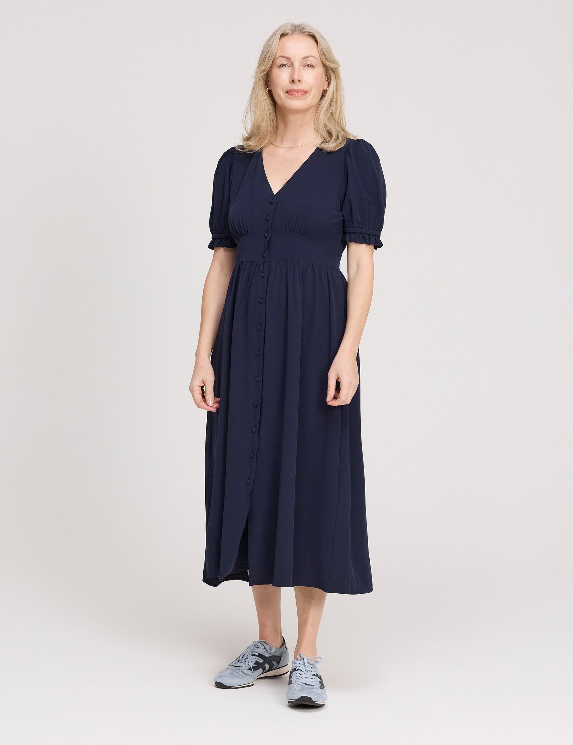 V-Neck Button Through Midi Tea Dress — V-neck dress for an apple-shaped figure
