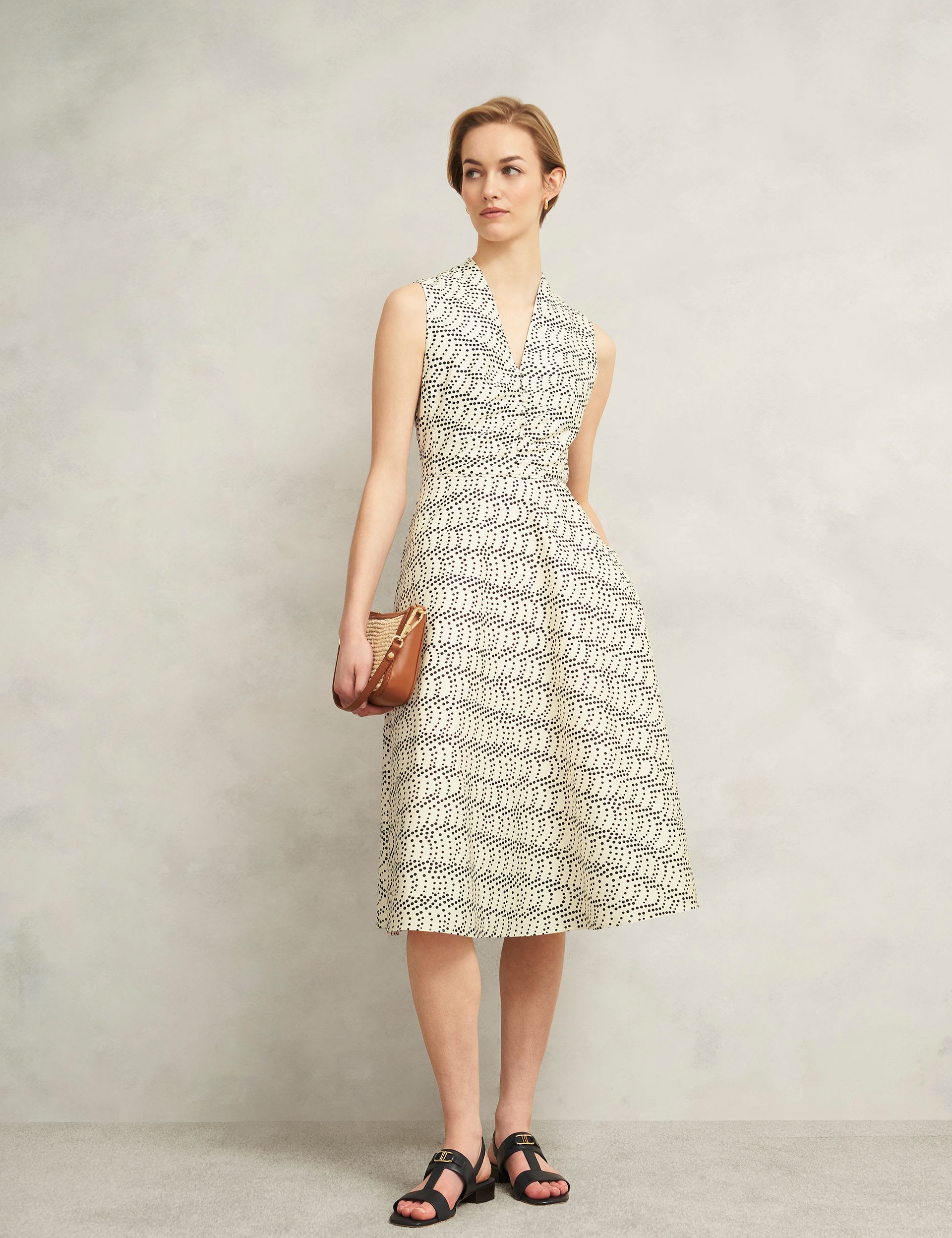 Cotton Rich Polka Dot V-Neck Waisted Dress