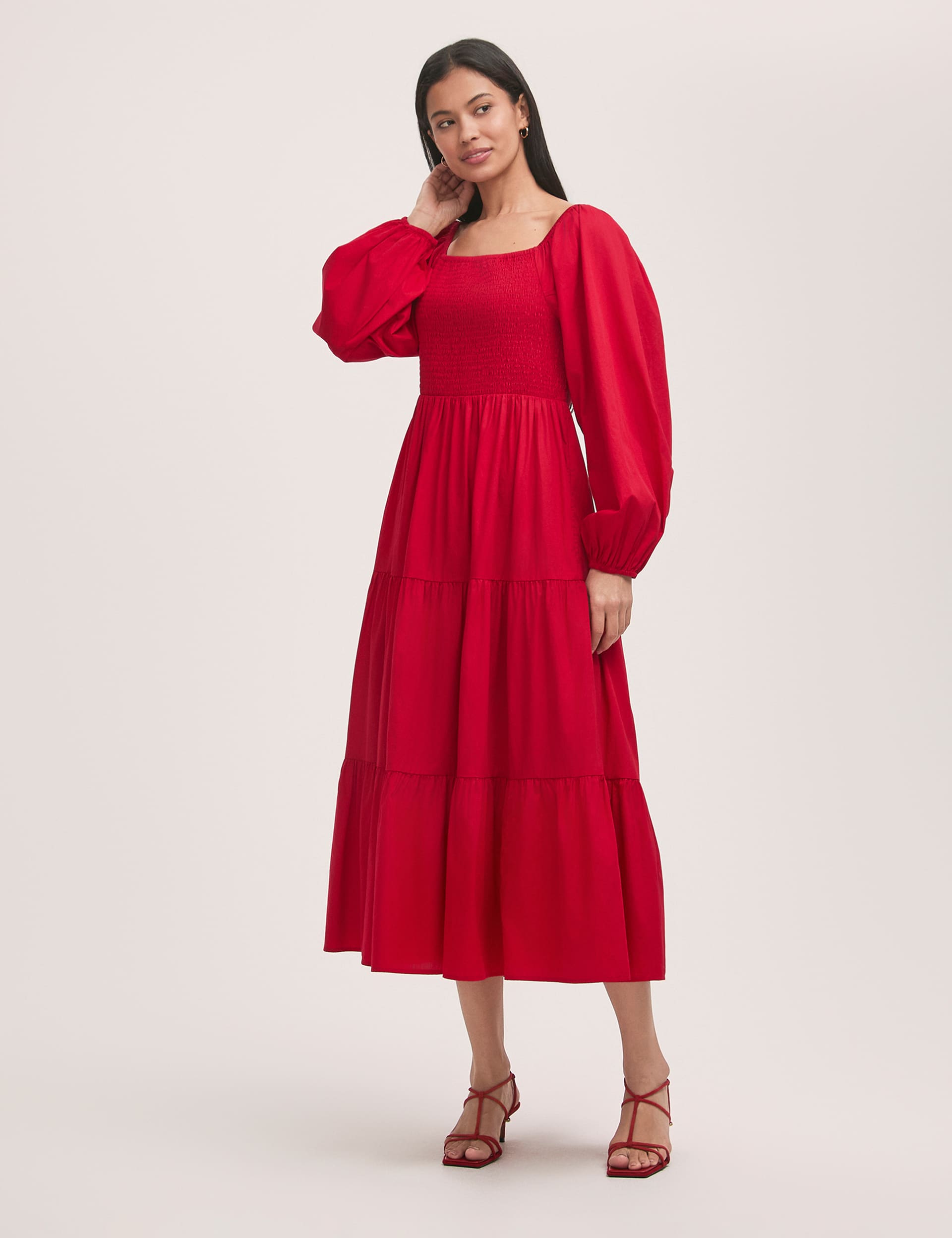 Pure Cotton Square Neck Midi Tiered Dress