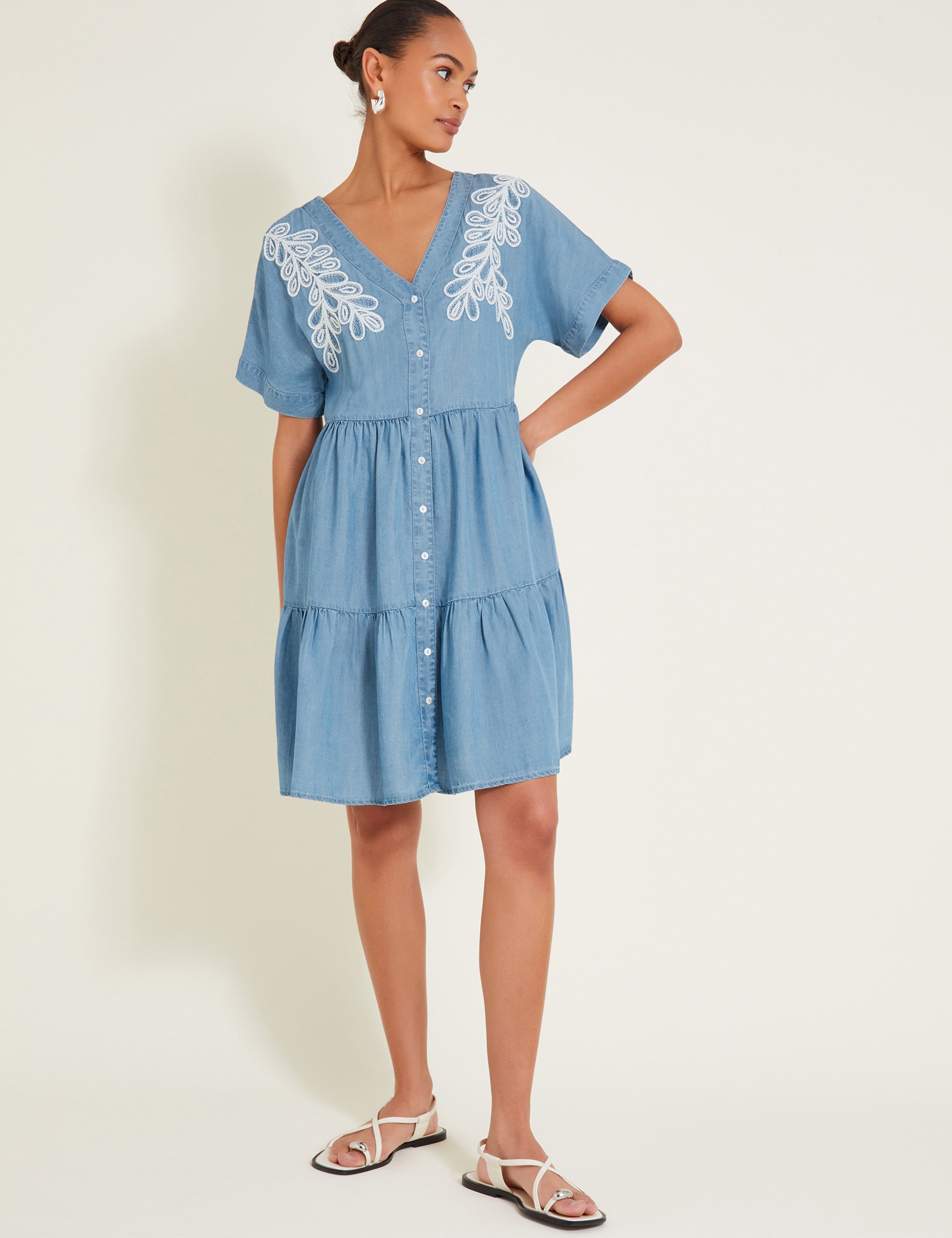 Pure Lyocell Embroidered V-Neck Smock Dress | Monsoon | M&S