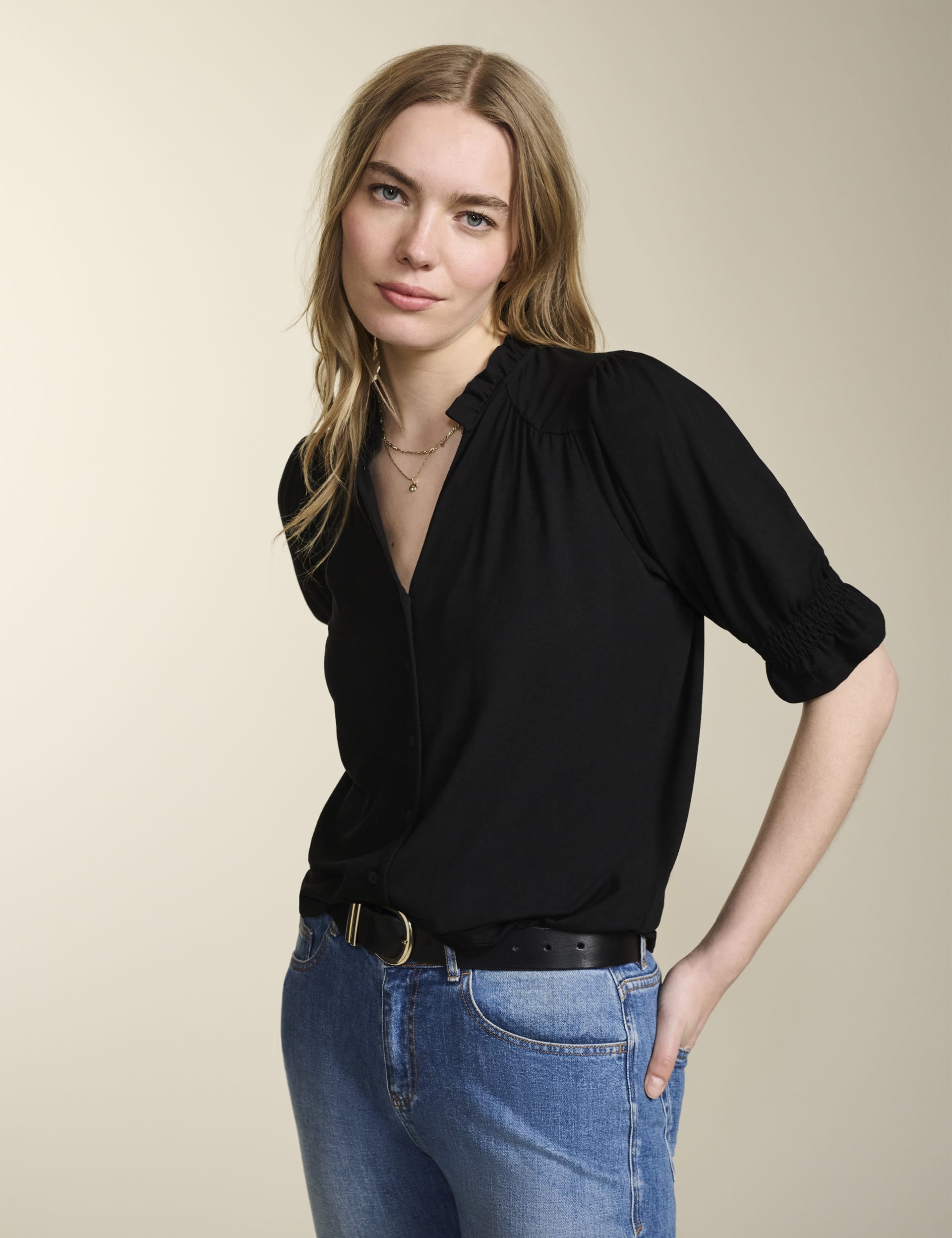 Notch Neck Contrast Stitched Blouse