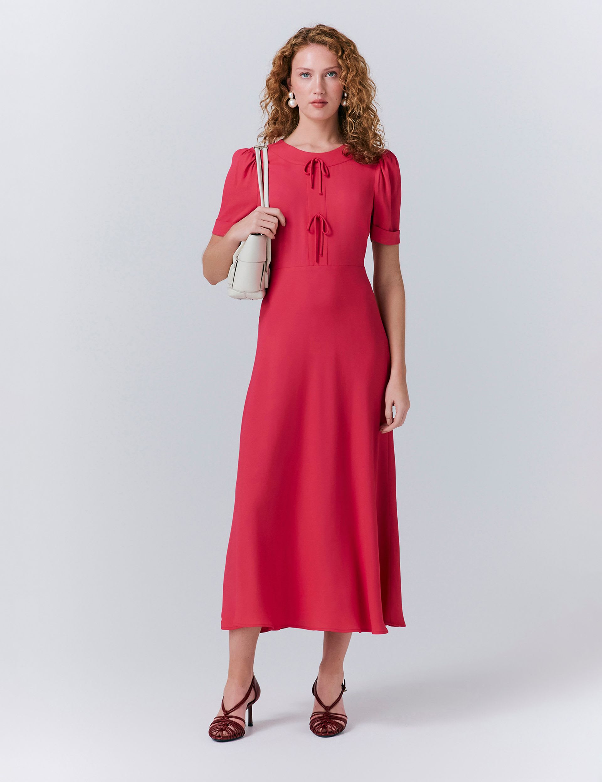 Crepe Bow Detail Puff Sleeve Midi Tea Dress