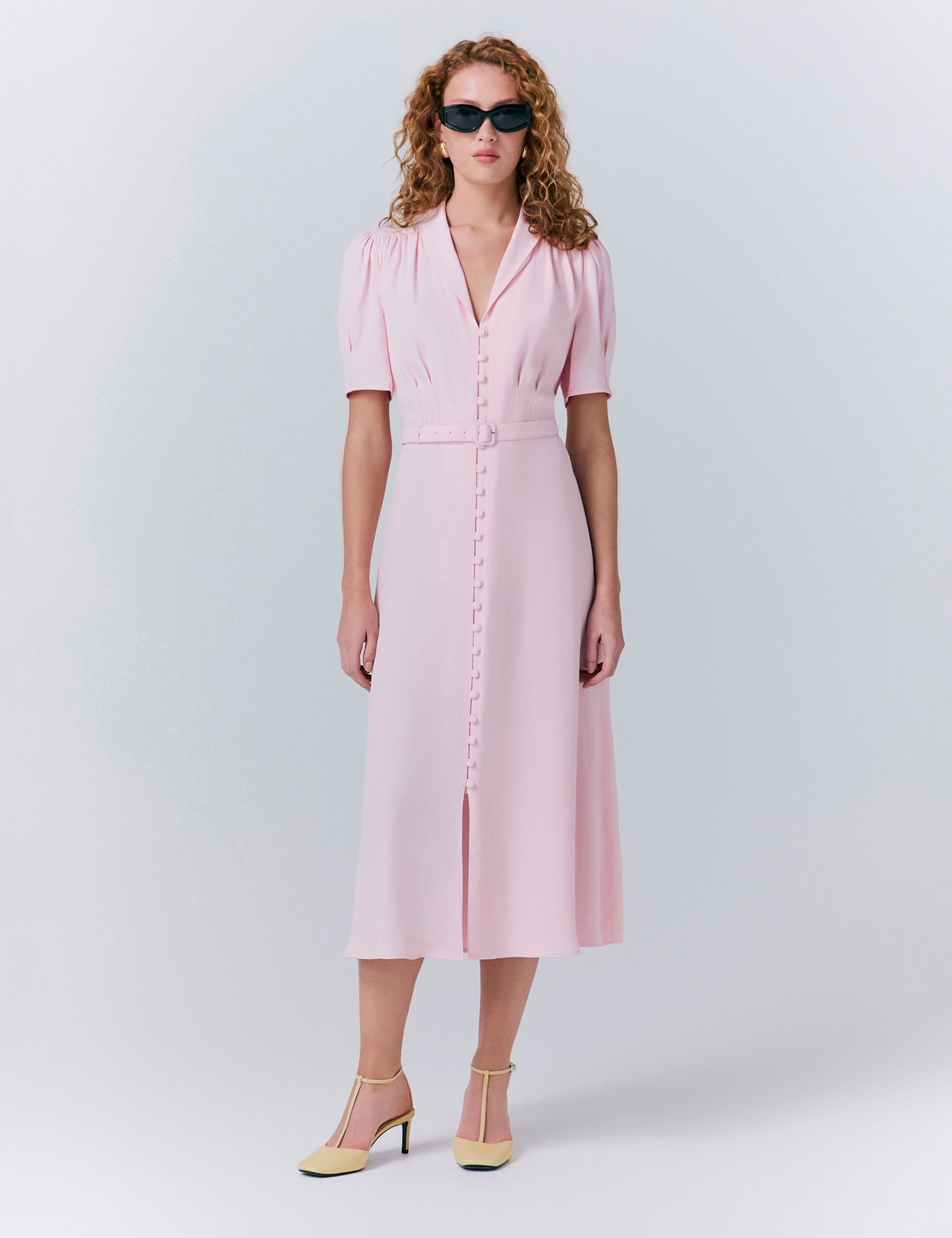 V-Neck Belted Button Through Midi Tea Dress