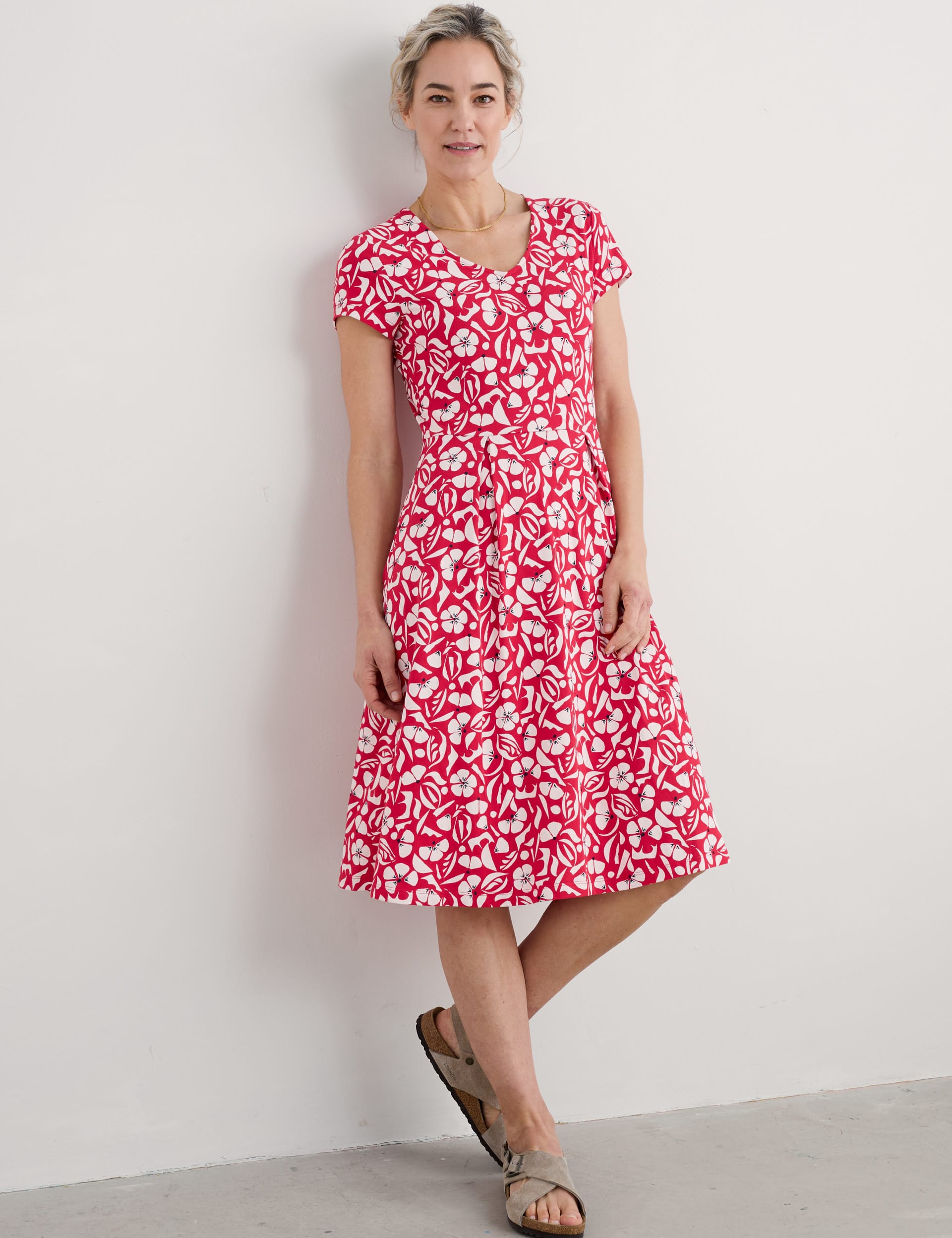 Cotton Rich Floral V-Neck Midi Waisted Dress