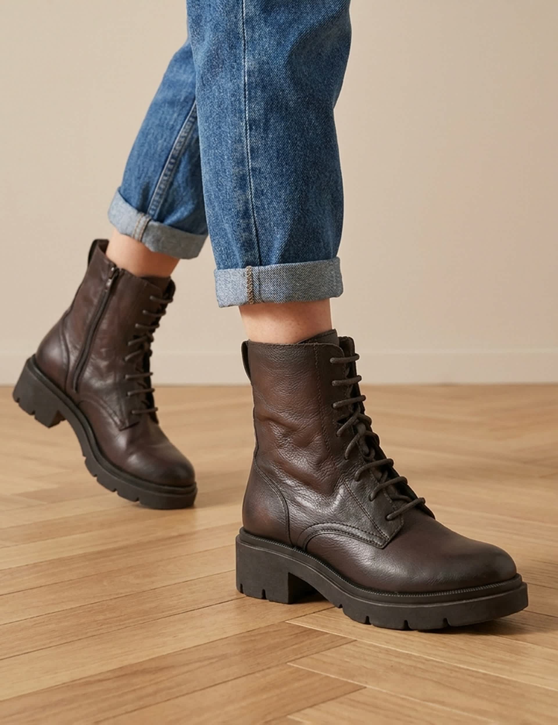 Leather Lace Up Block Heel Boots