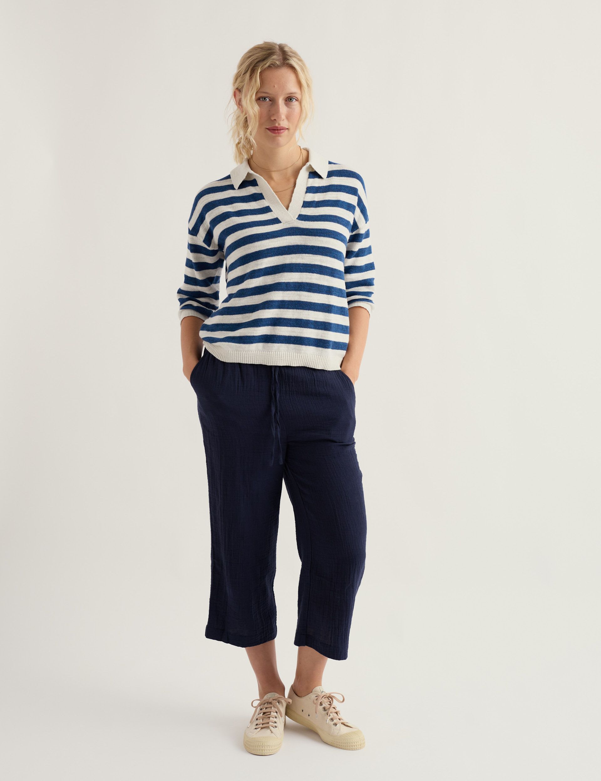 Striped Collared Relaxed Jumper with Linen