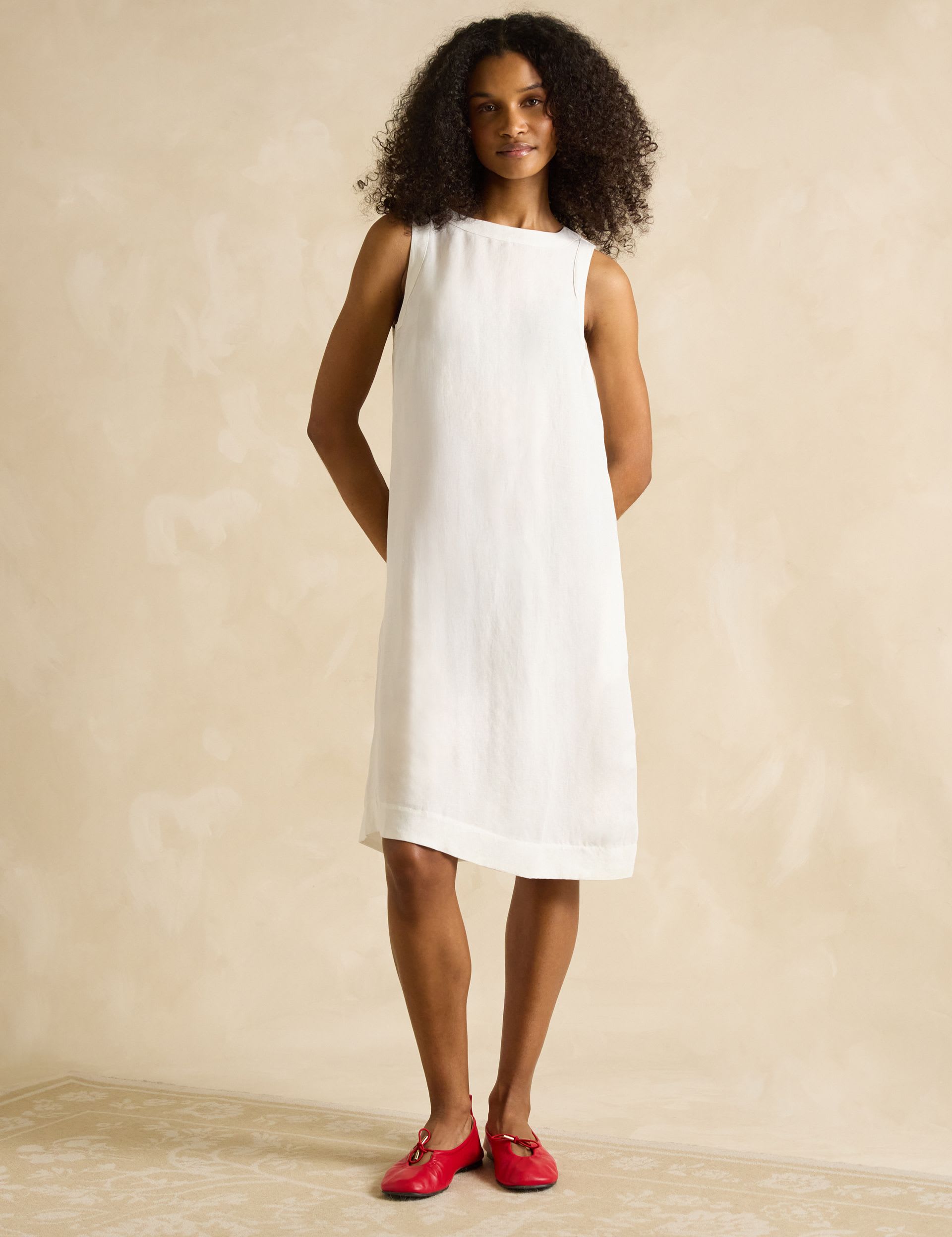 Linen Blend Round Neck Knee Length Shift Dress