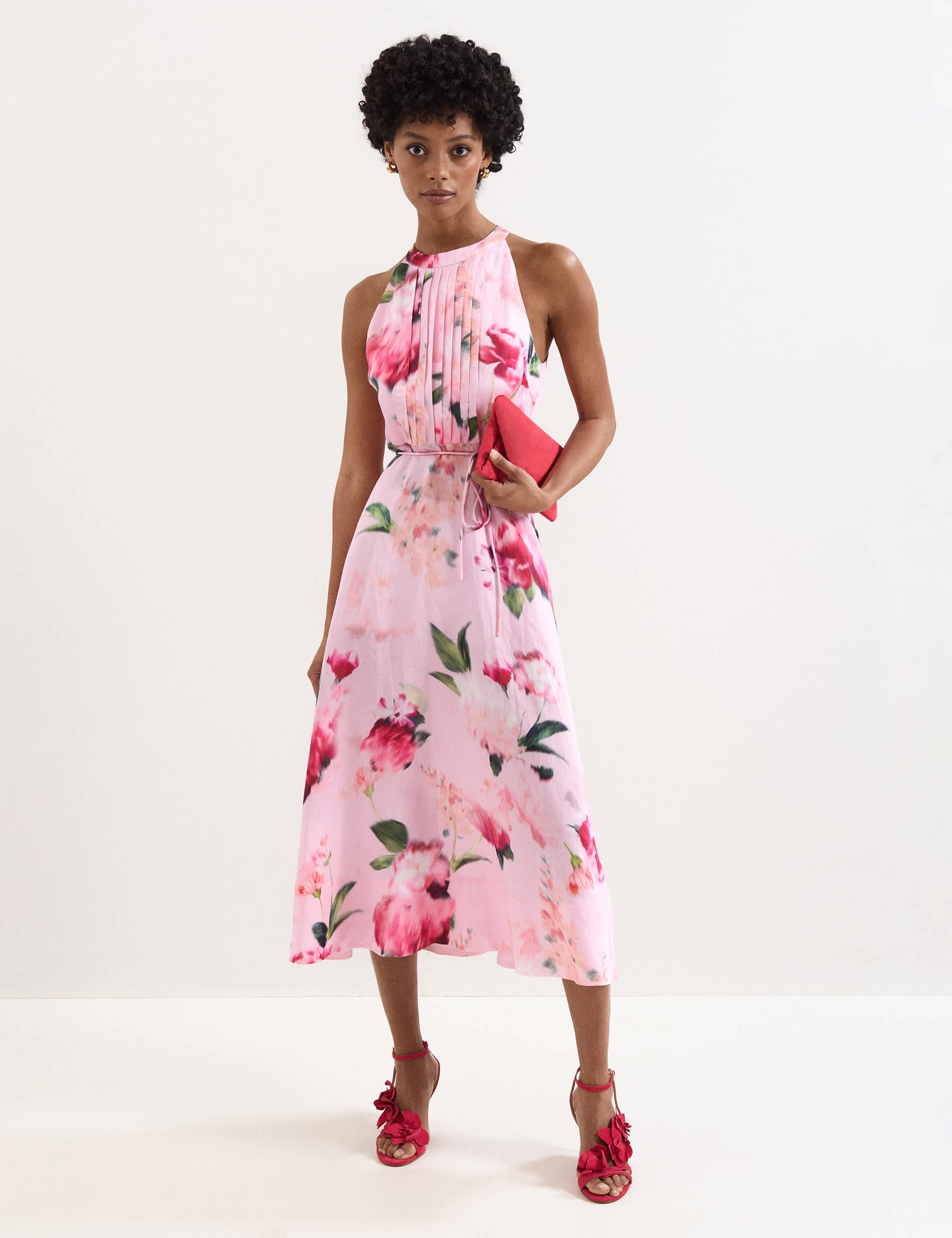 Linen Blend Floral Halter Neck Midi Dress