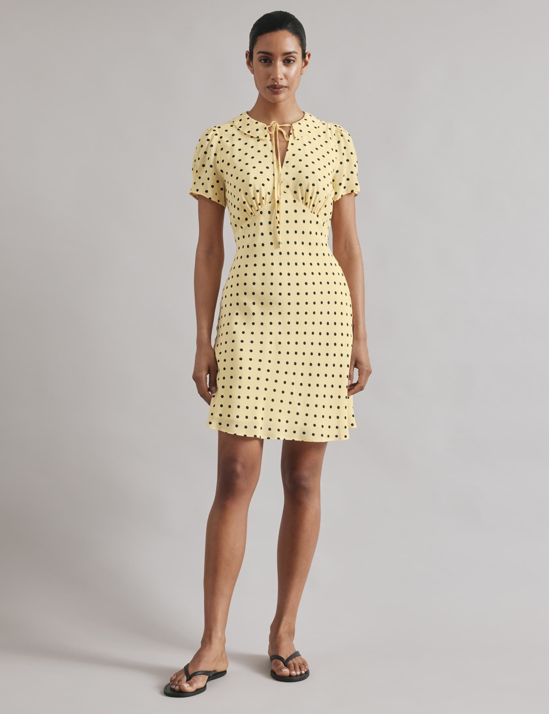 Spot Print Tie Neck Mini Shift Dress