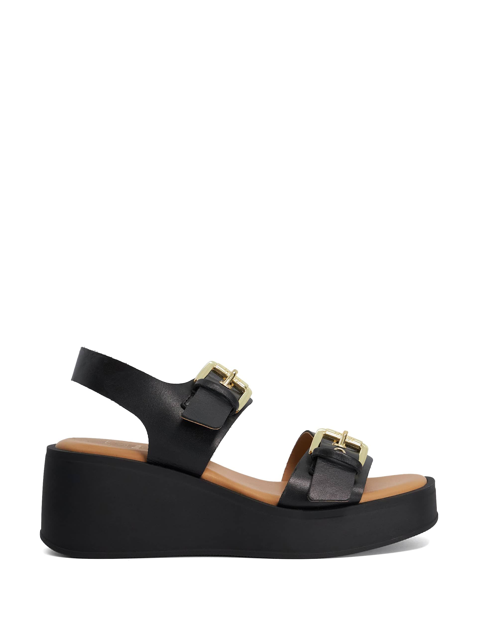 Leather Buckle Strappy Wedge Sandals