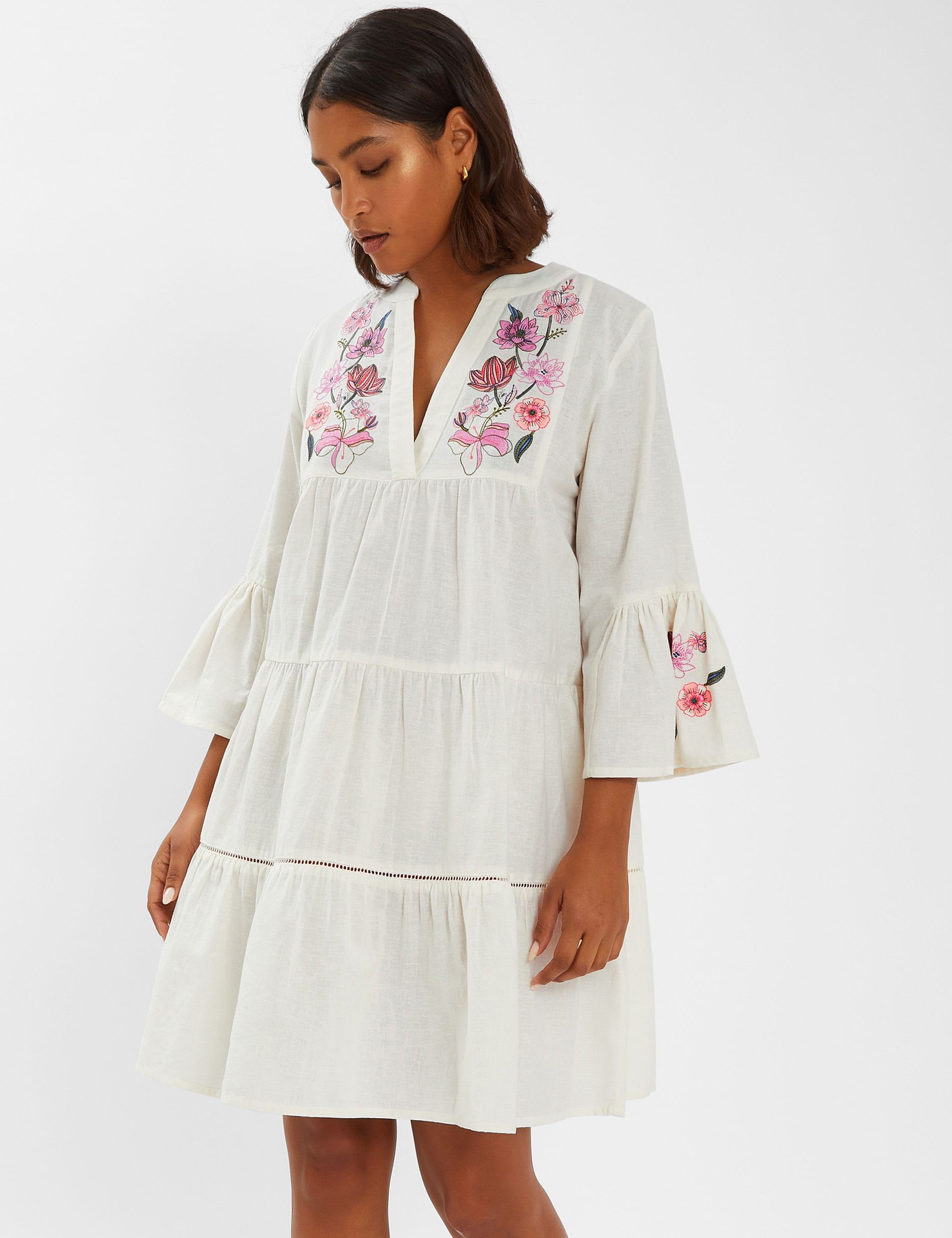 Cotton Rich V-Neck Mini Beach Dress with Linen