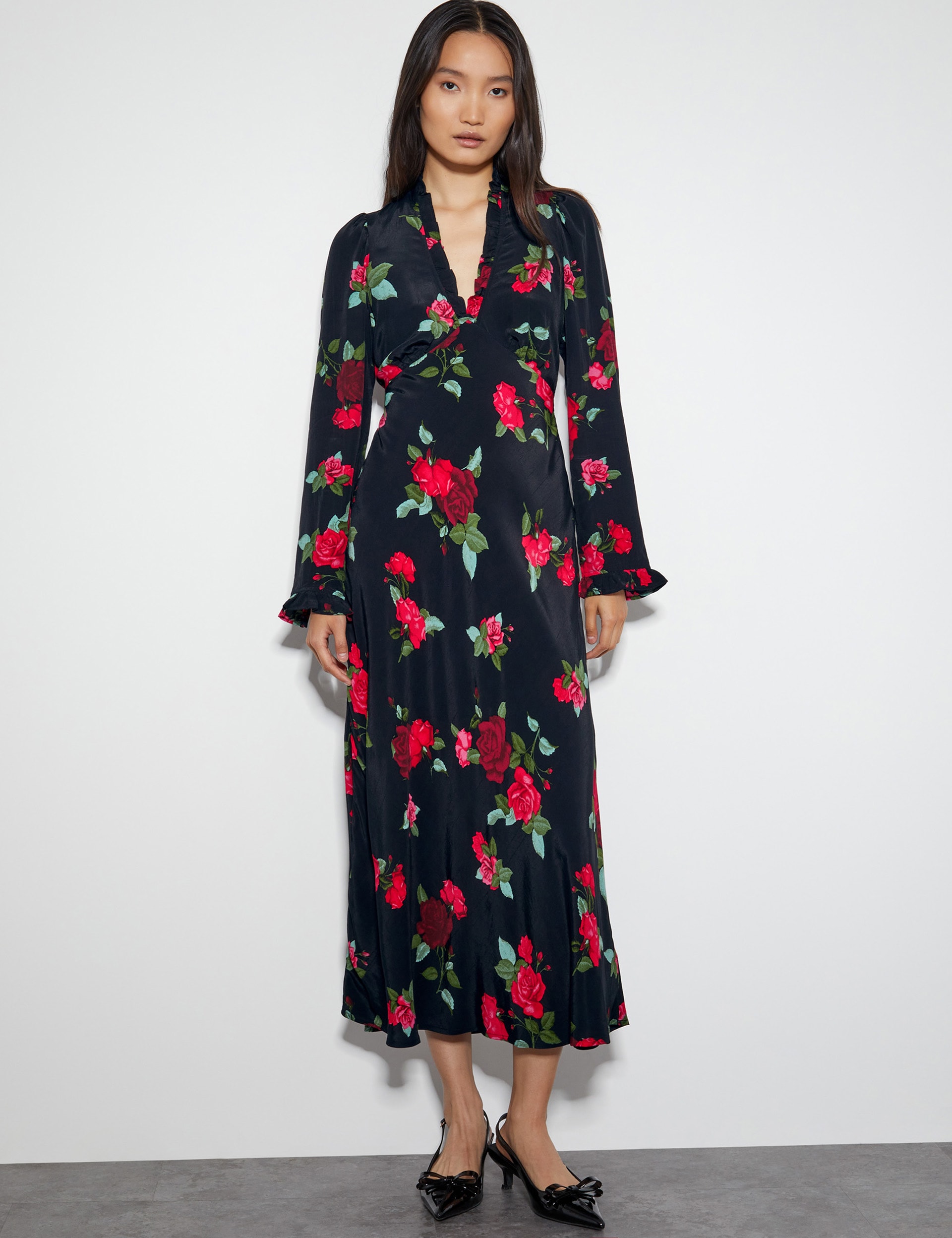 Floral V-Neck Frill Detail Midi Tea Dress | Monsoon | M&S