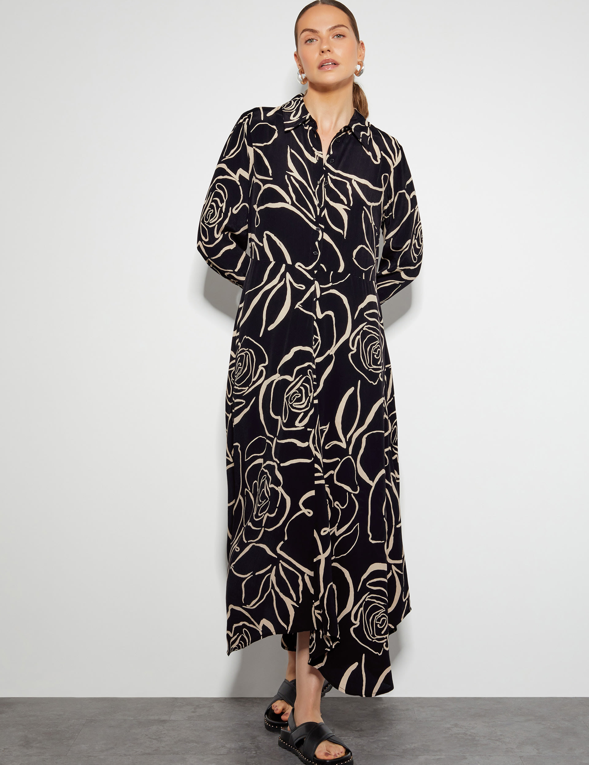 Black floral midi shirt dress cheap