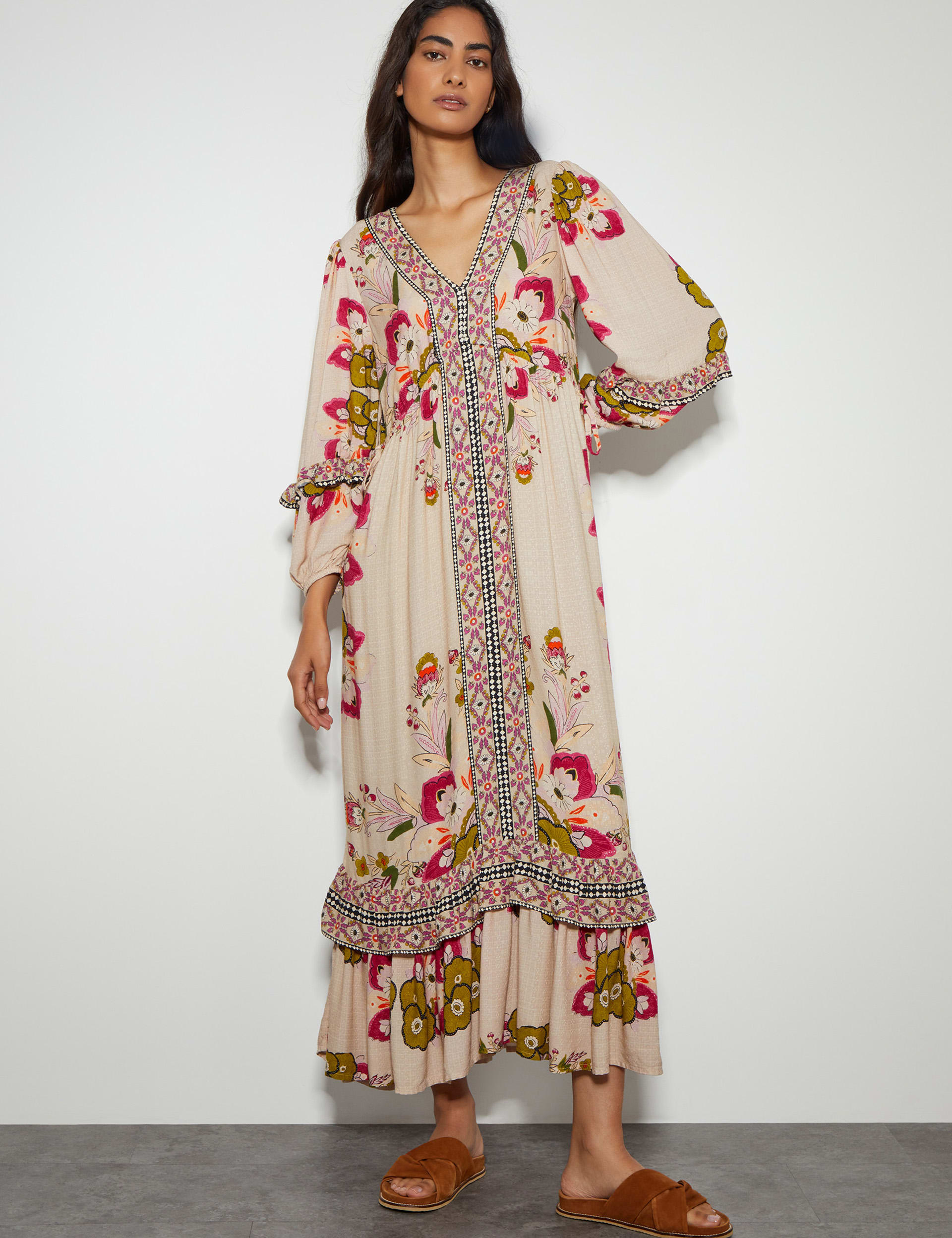Floral V-Neck Frill Detail Midi Tea Dress | Monsoon | M&S