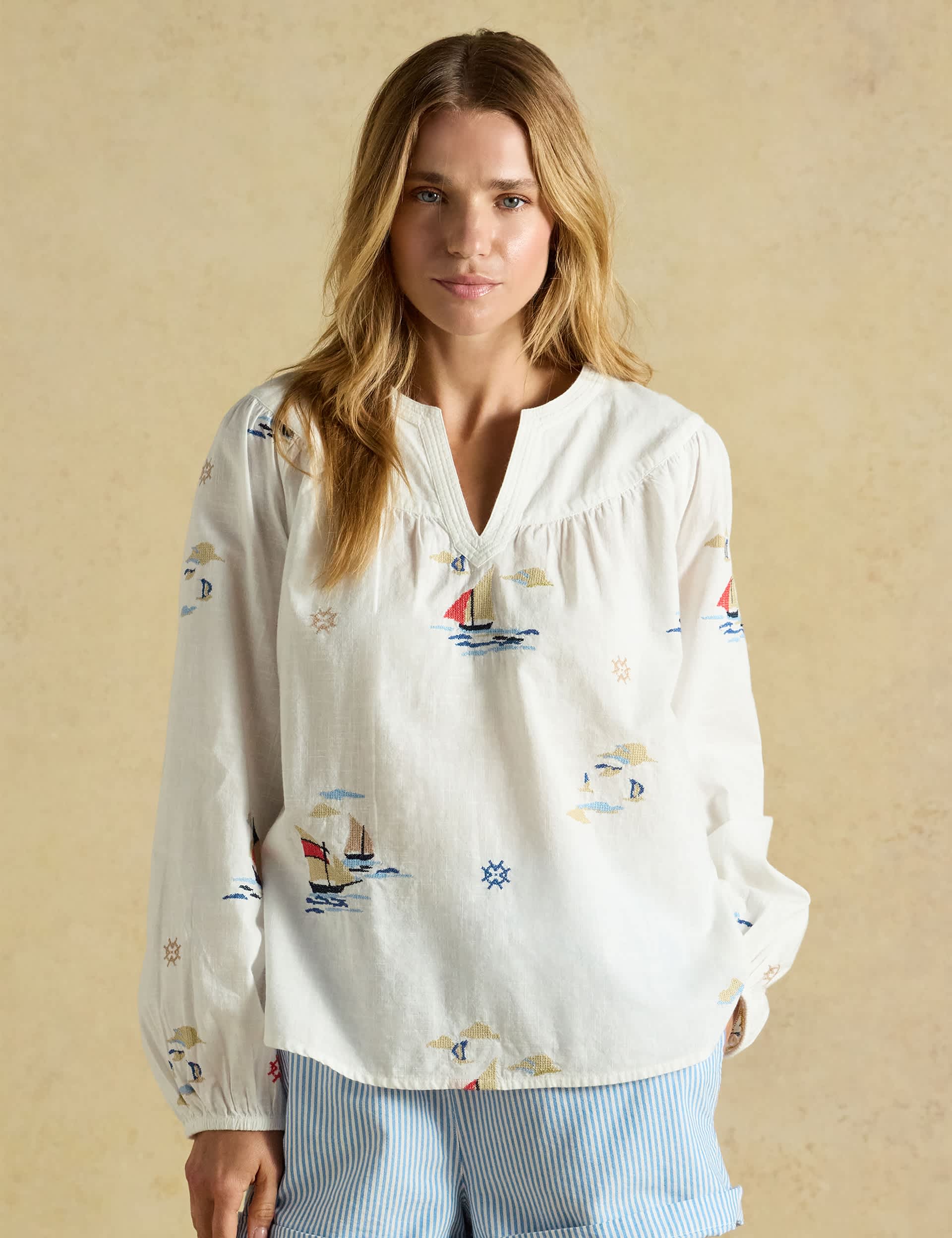 Pure Cotton Embroidered Notch Neck Blouse