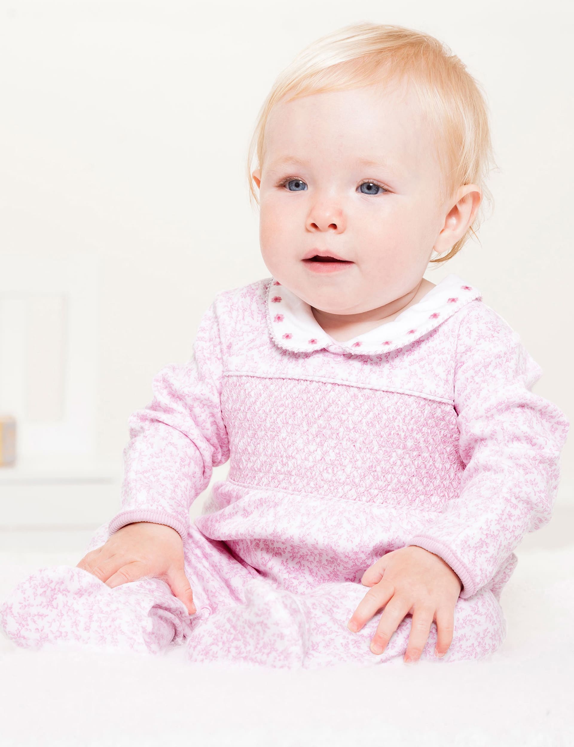 Pure Cotton Floral Smocked Sleepsuit (7lbs-18 Mths) | JoJo Maman Bébé | M&S image.