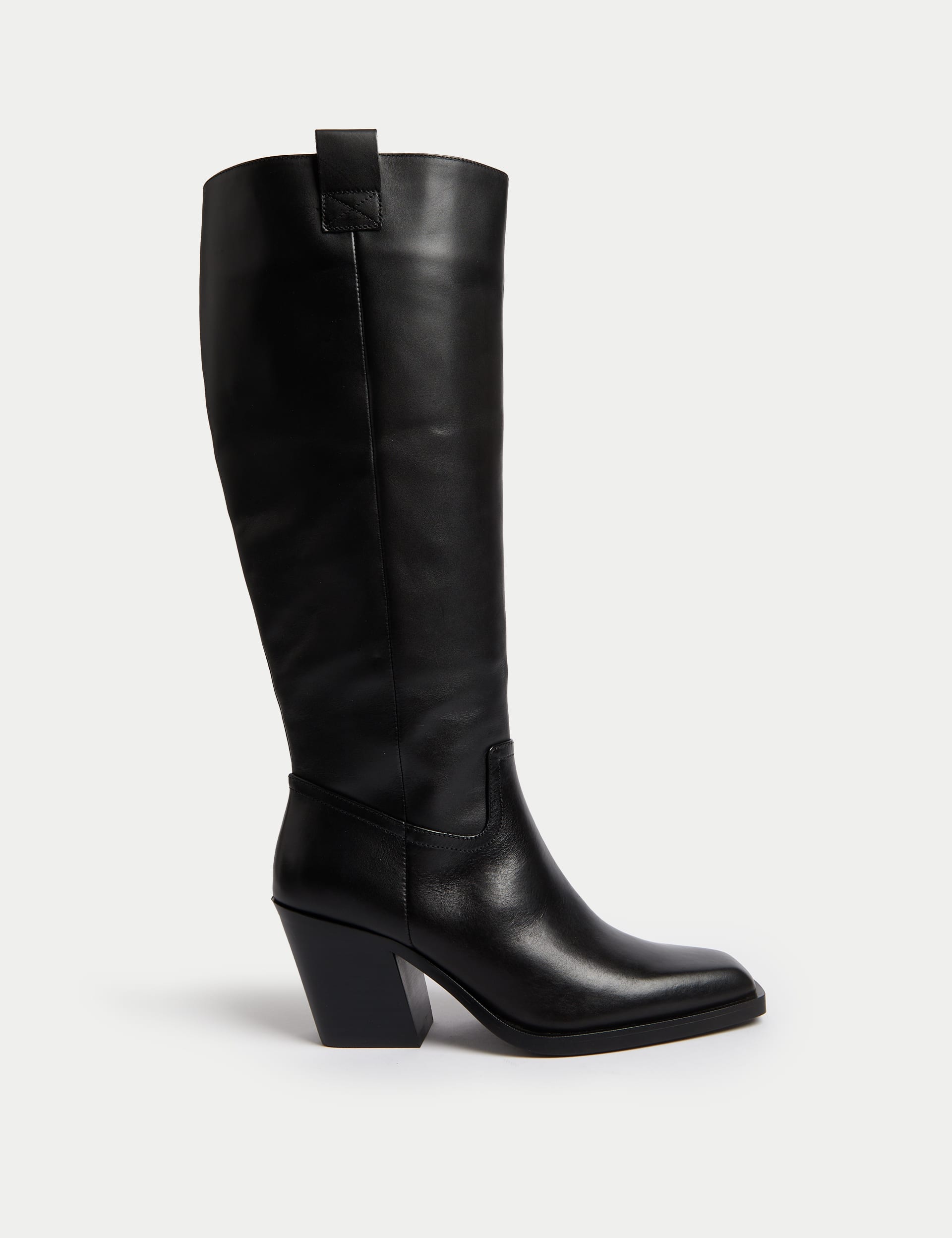 Leather Cowboy Block Heel Knee High Boots M S Collection M S