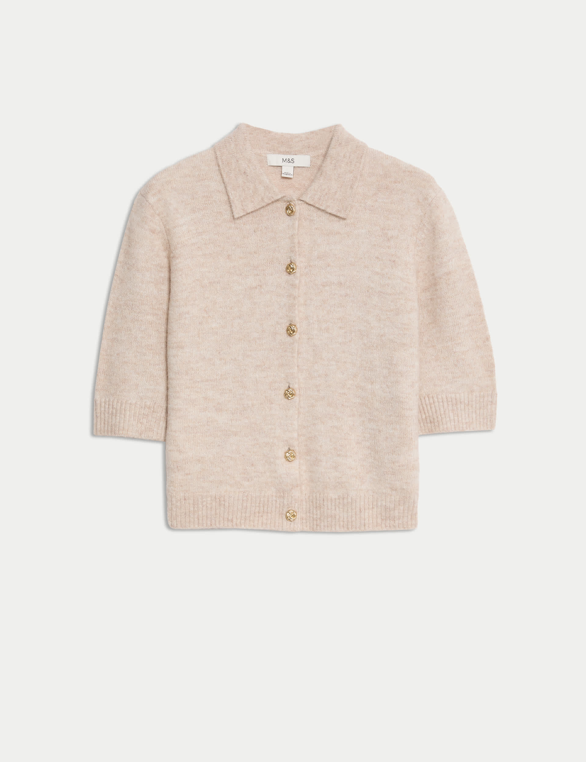 Collared Button Front Short Sleeve Cropped Cardigan with Alpaca