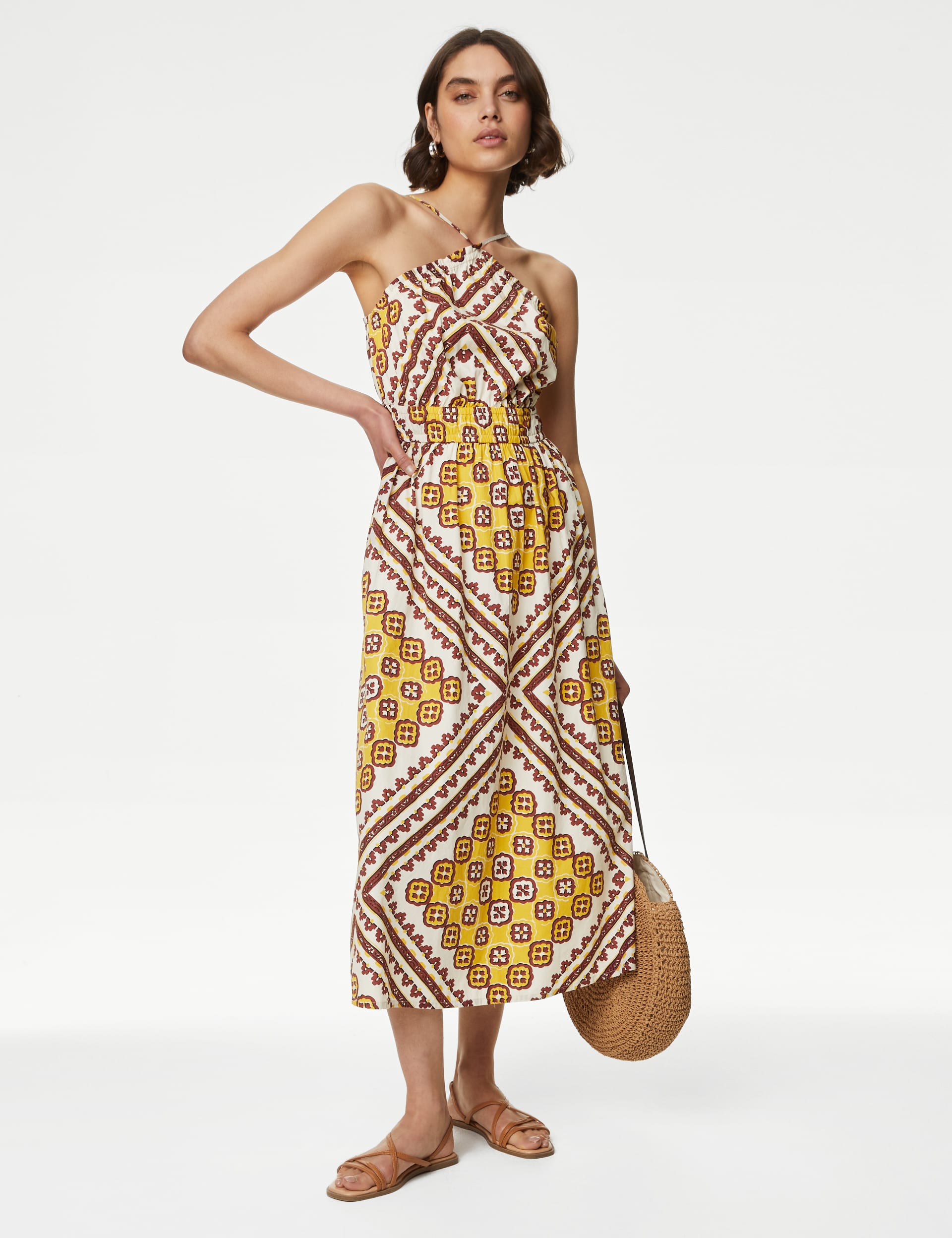 Pure Cotton Halter Neck Midi Waisted Dress | M&S Collection | M&S