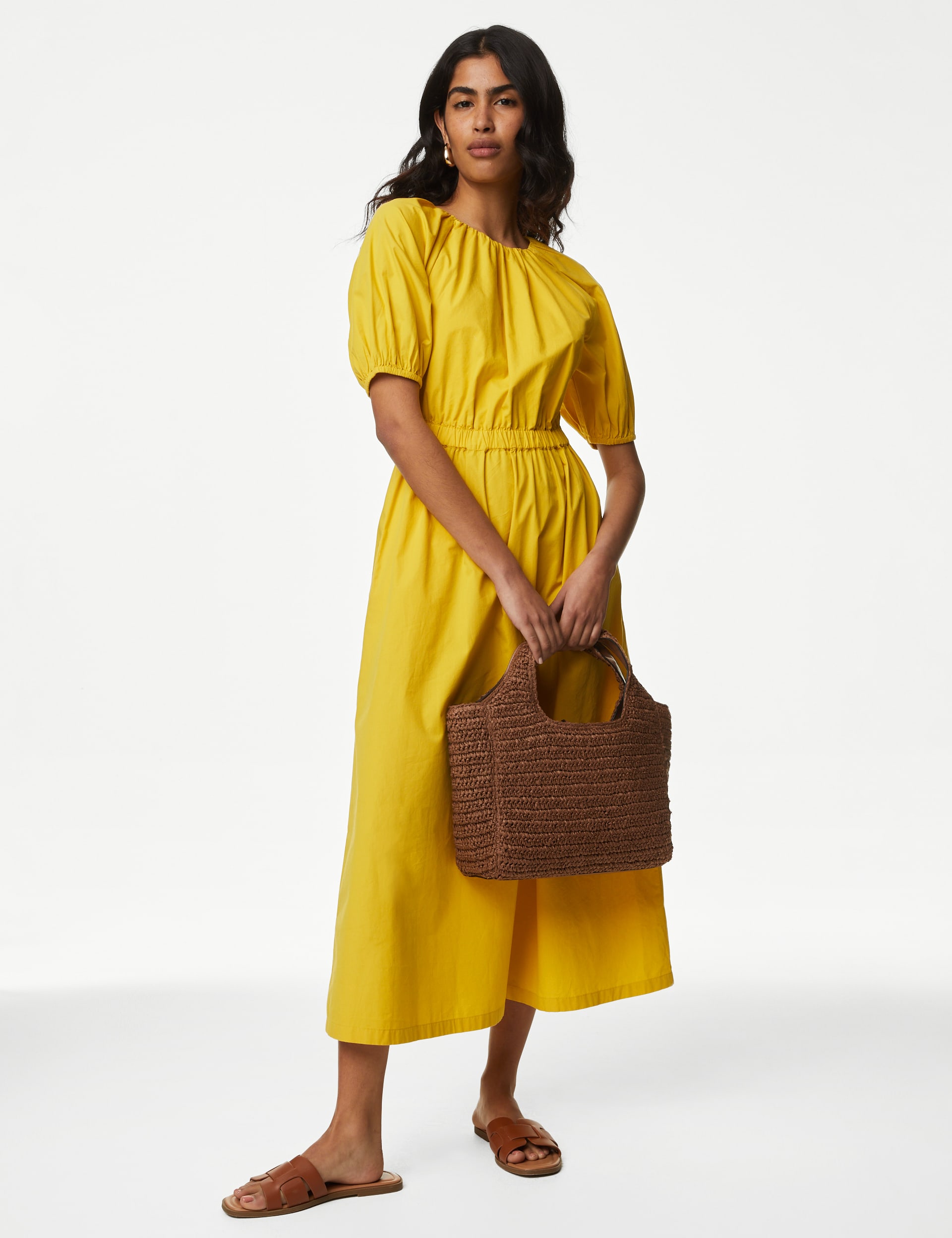 Pure Cotton Round Neck Midi Waisted Dress | M&S Collection | M&S