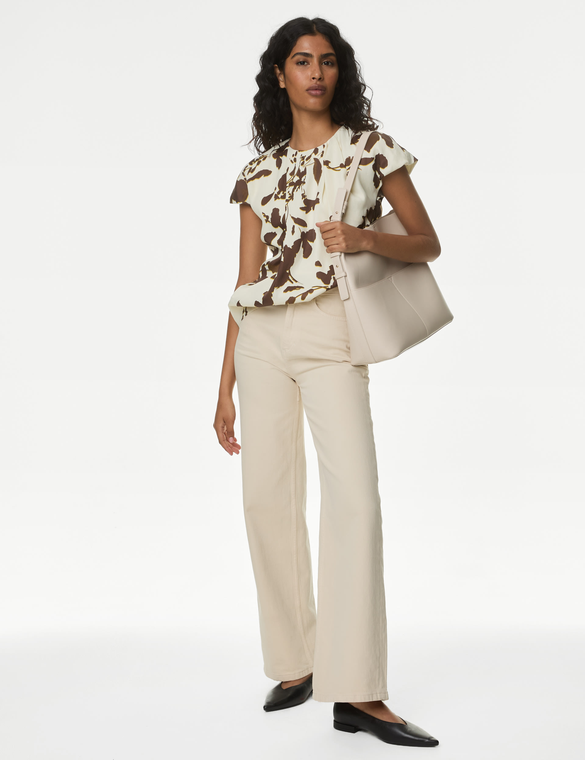 Satin Floral Pleat Detail Cap Sleeve Blouse | M&S Collection | M&S