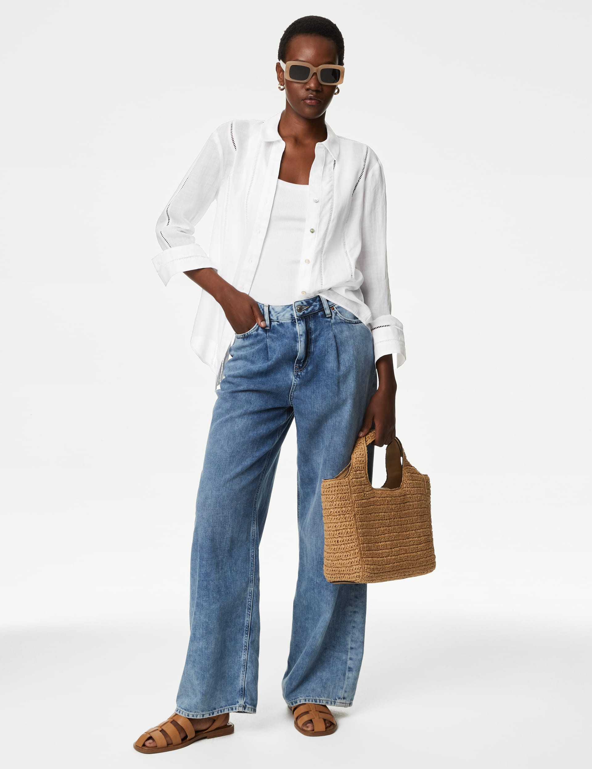 Ramie Broderie Detail Collared Shirt | M&S Collection | M&S