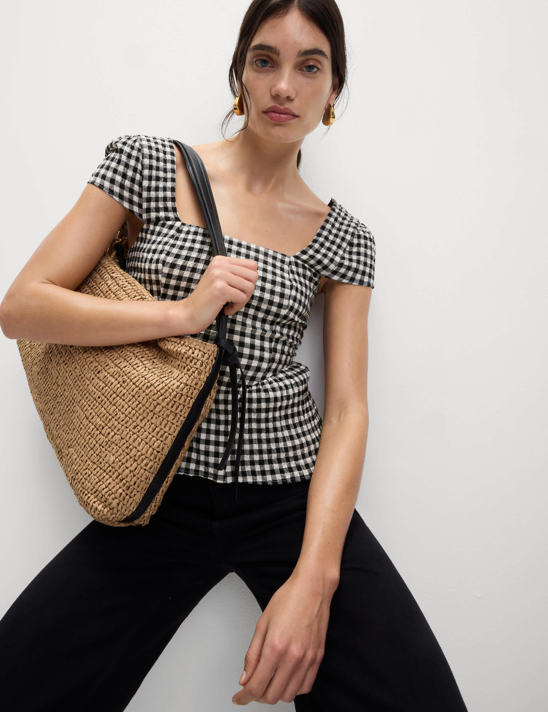 Cotton Rich Checked Cap Sleeve Peplum Top
