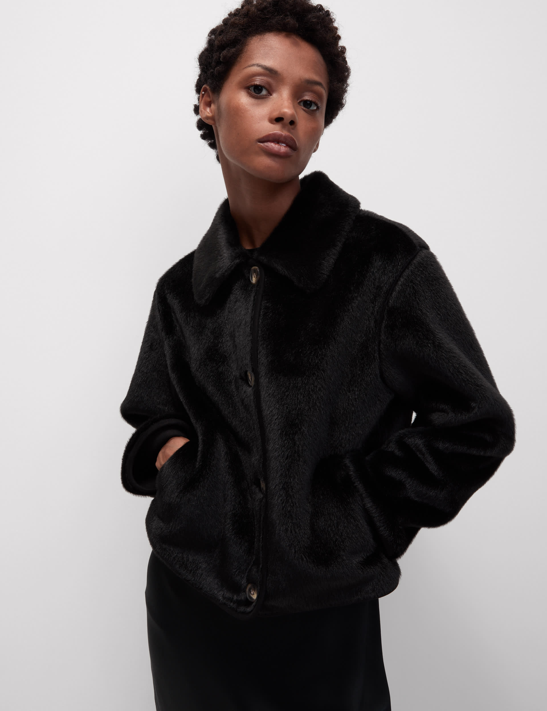 Faux Fur Collared Short Jacket M S Collection M S