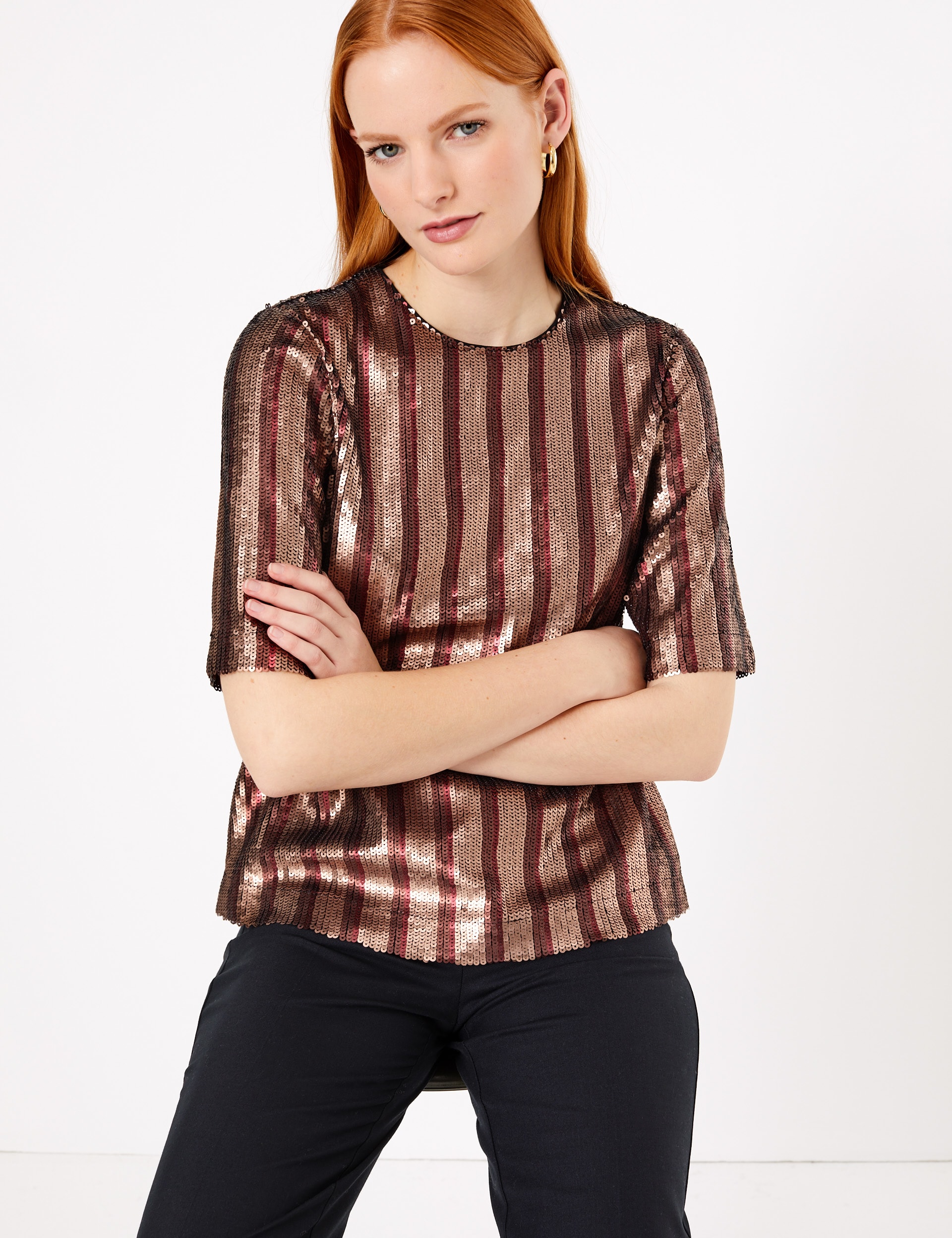Sequin Stripe Fringe Shell Top