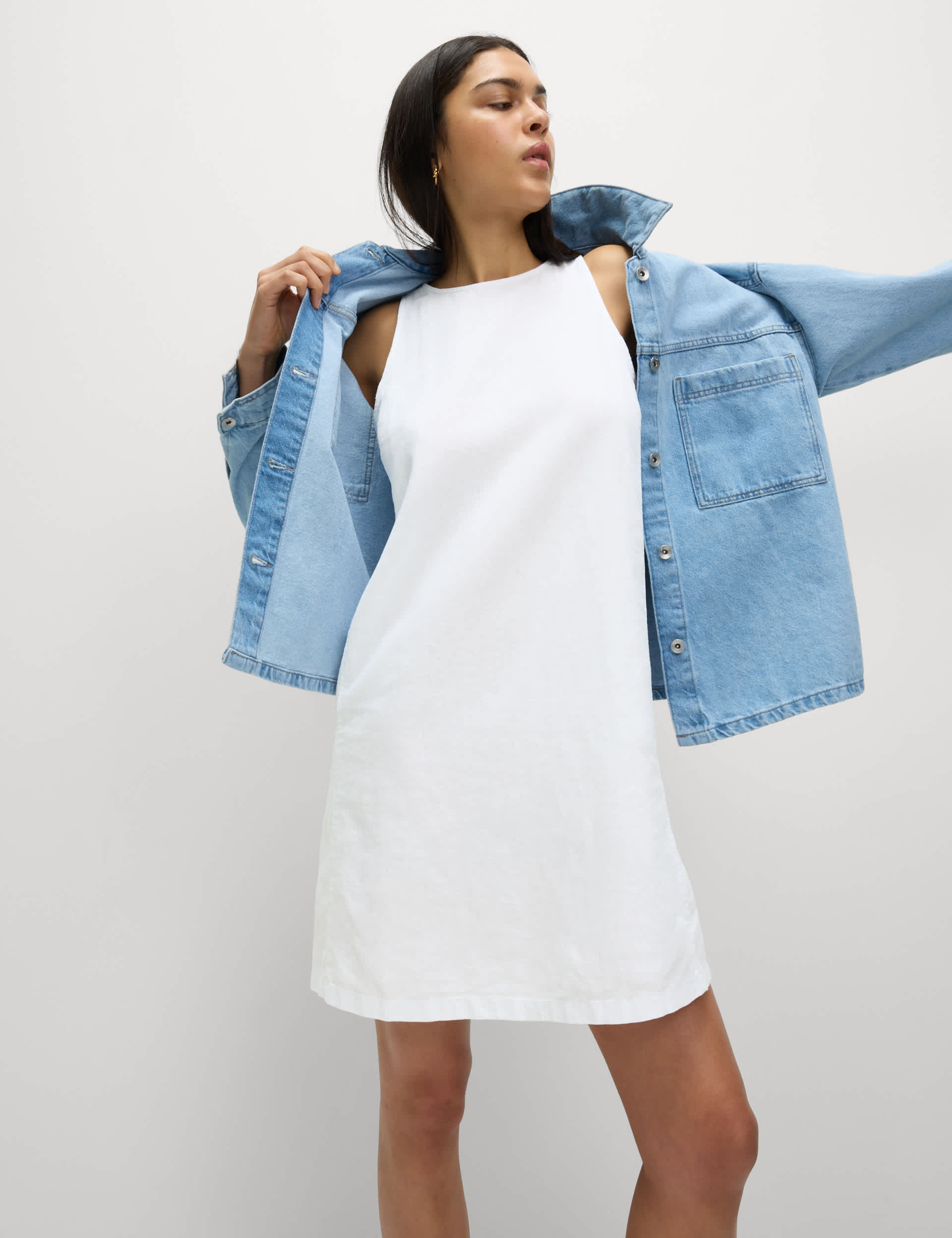 Linen Rich Round Neck Mini Shift Dress