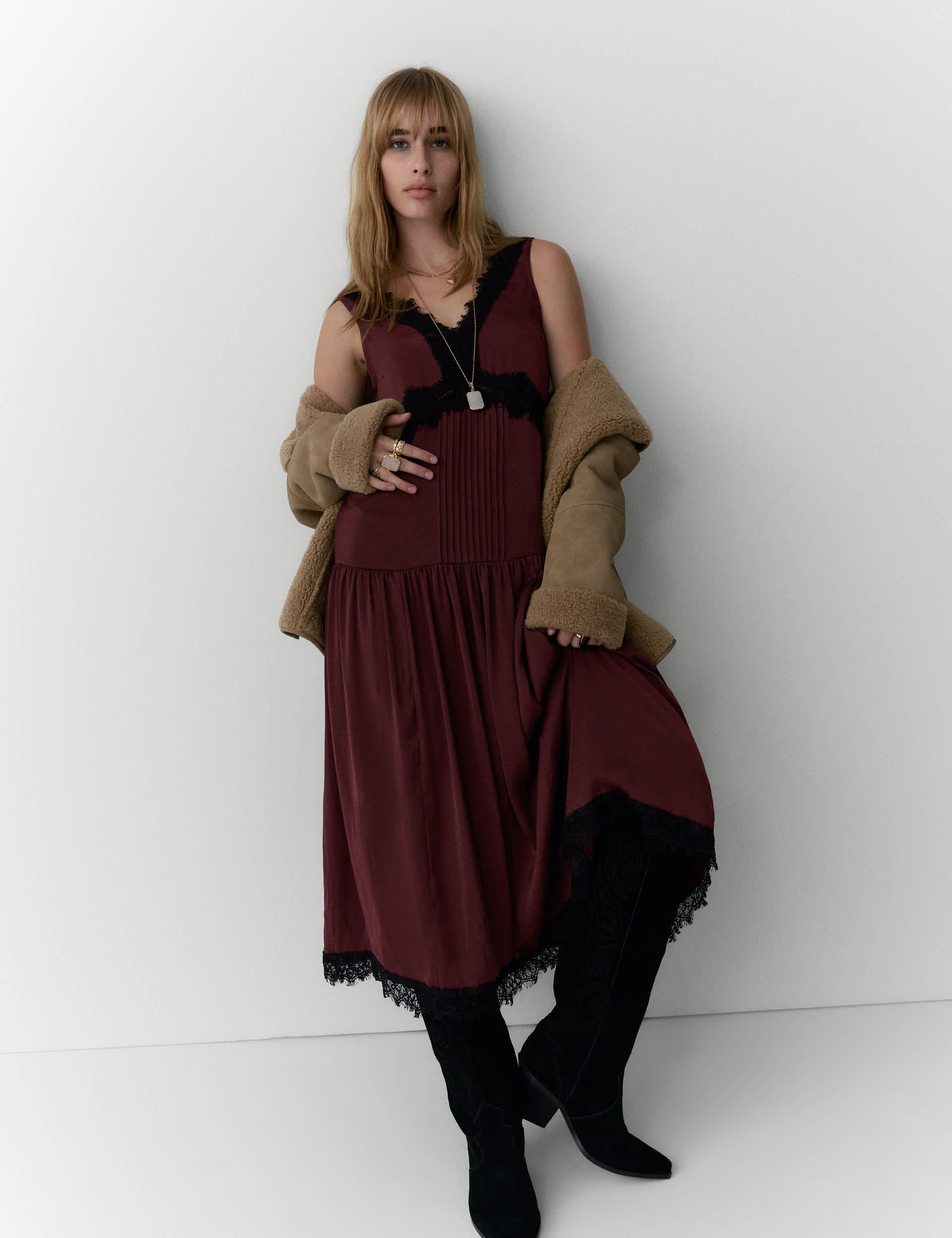 Satin Lace Detail Midi Drop Waist Dress