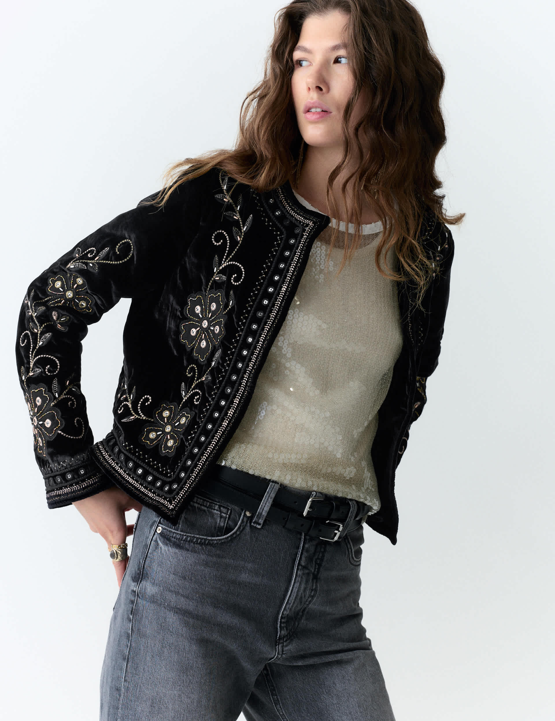 Velvet Embellished Collarless Jacket