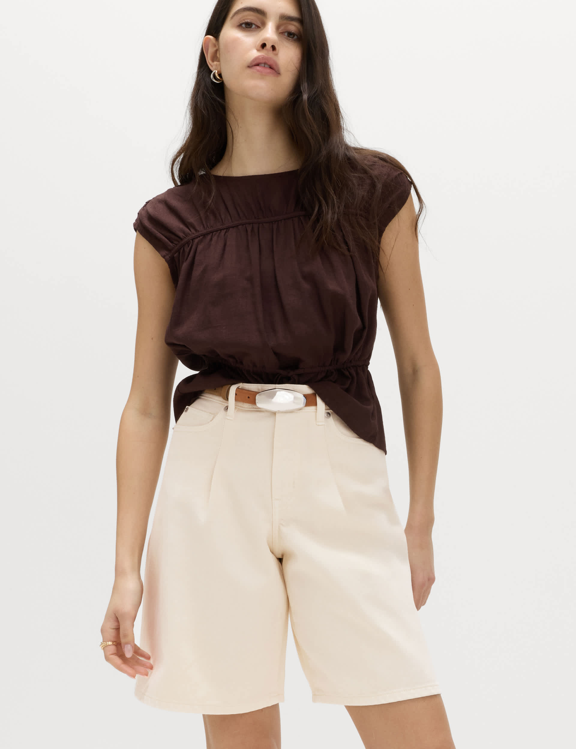 Denim Pleat Front Wide Shorts