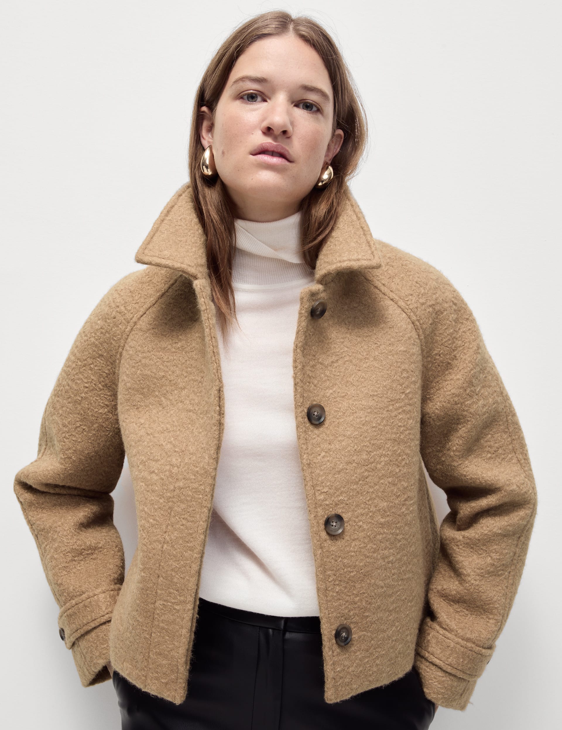 Textured Collared Short Coat M S Collection M S