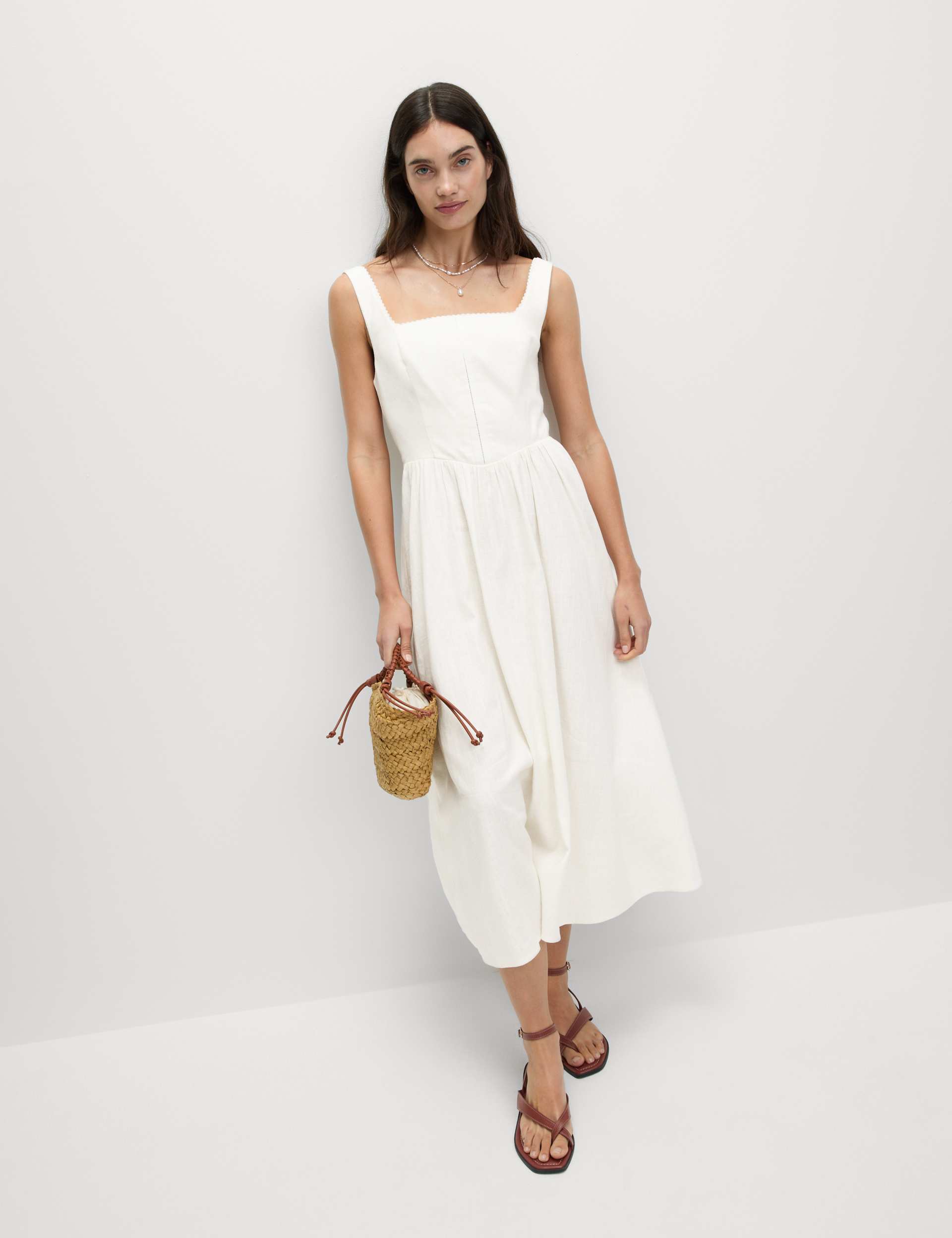 Linen Blend Square Neck Midi Skater Dress