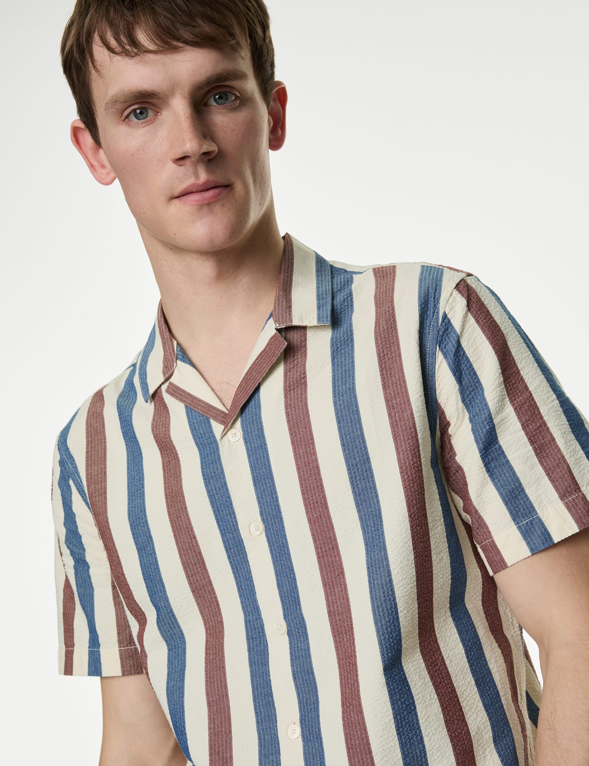 Easy Iron Pure Cotton Seersucker Striped Shirt M&S Collection M&S