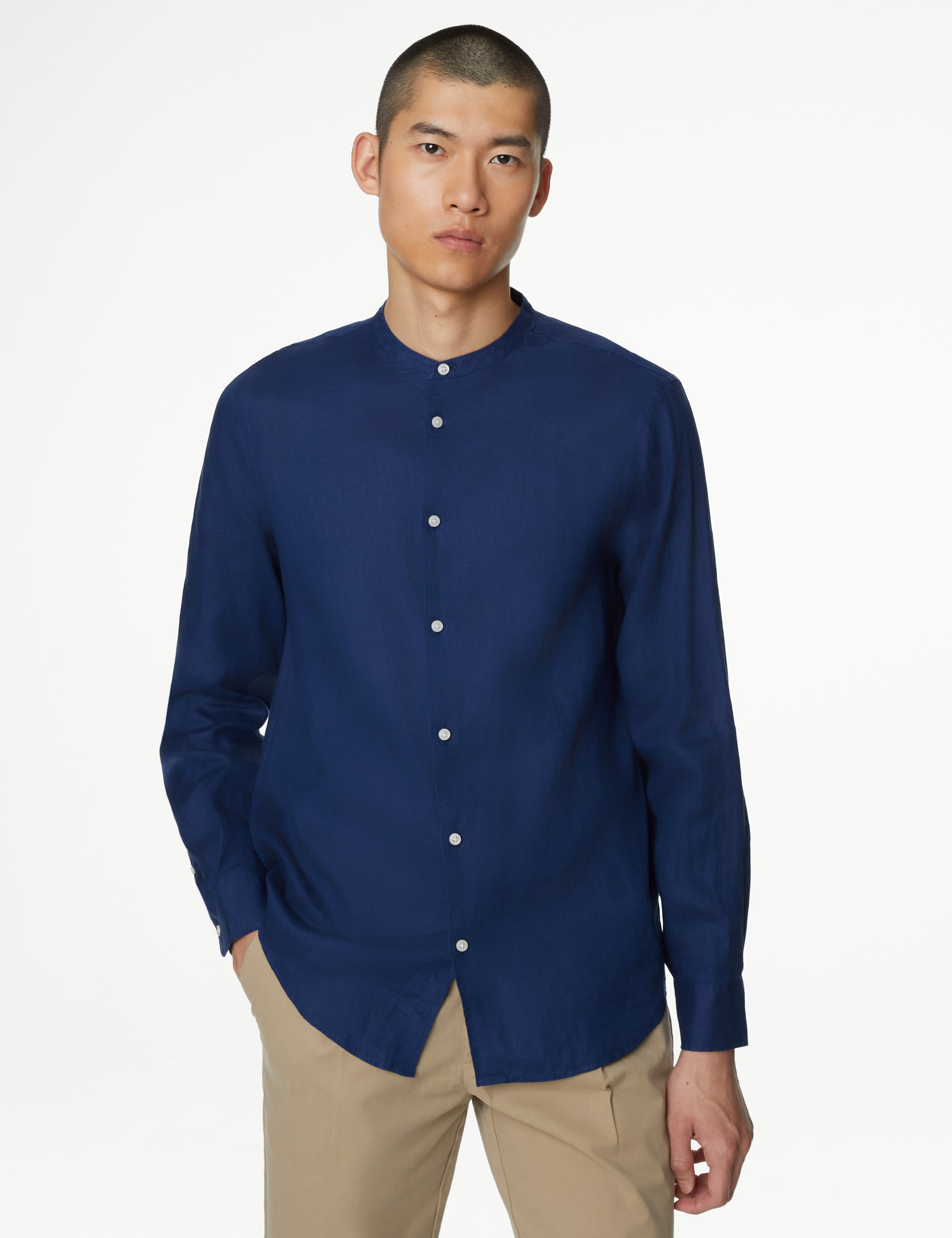 Pure Linen Grandad Collar Shirt M S Collection M S