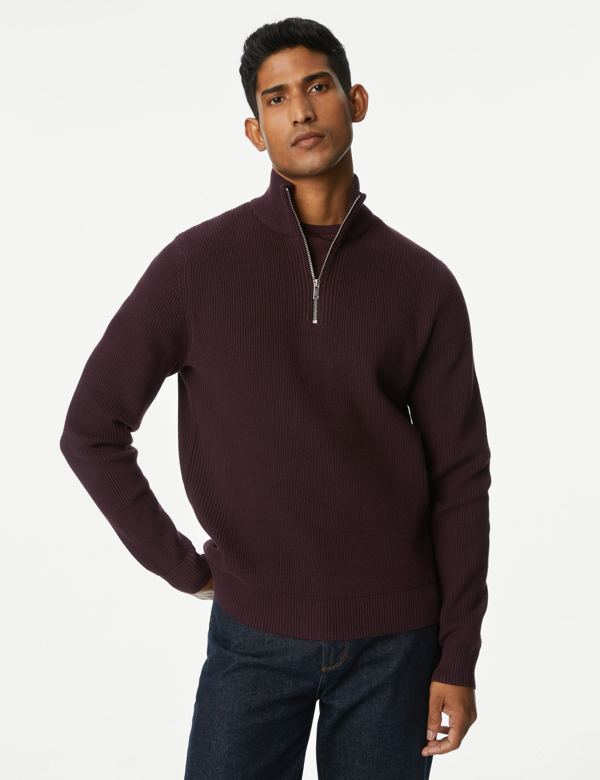Cotton Blend Ribbed Funnel Neck Jumper | M&S Collection | M&S