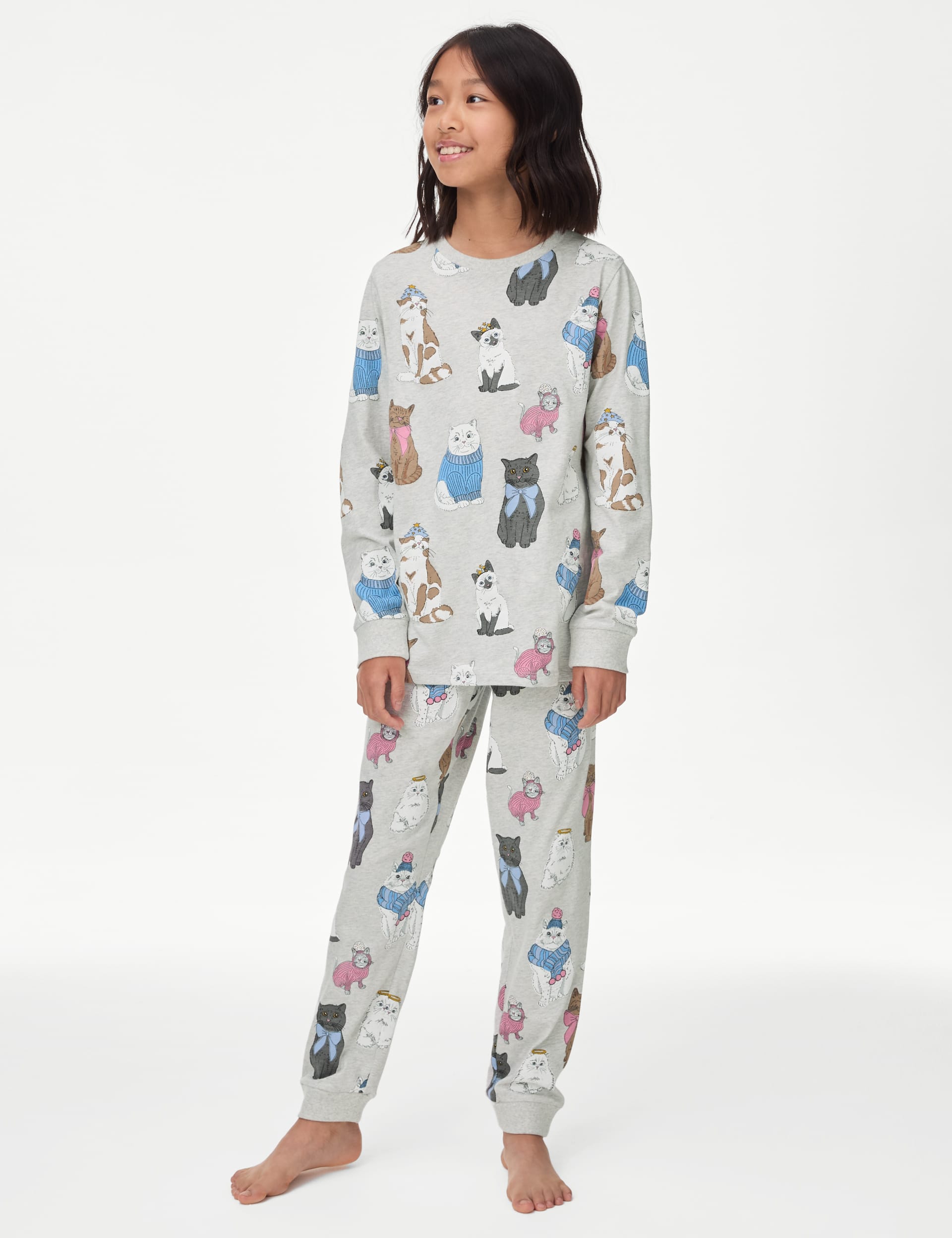 Pure Cotton Christmas Cat Pyjamas 6 16 Yrs M S Collection M S