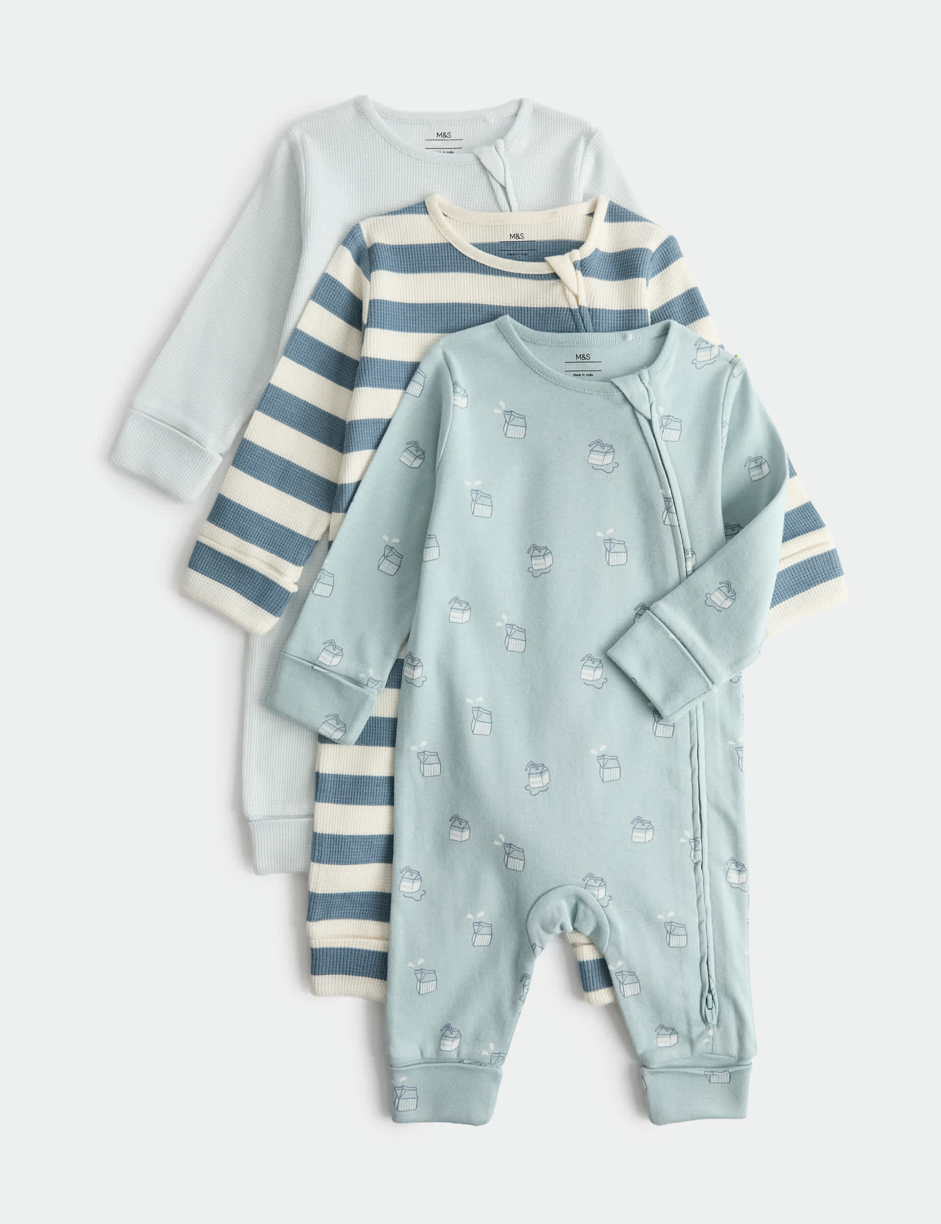 3 Pack Pure Cotton Milk & Striped Sleepsuits (7lbs-3 Yrs)