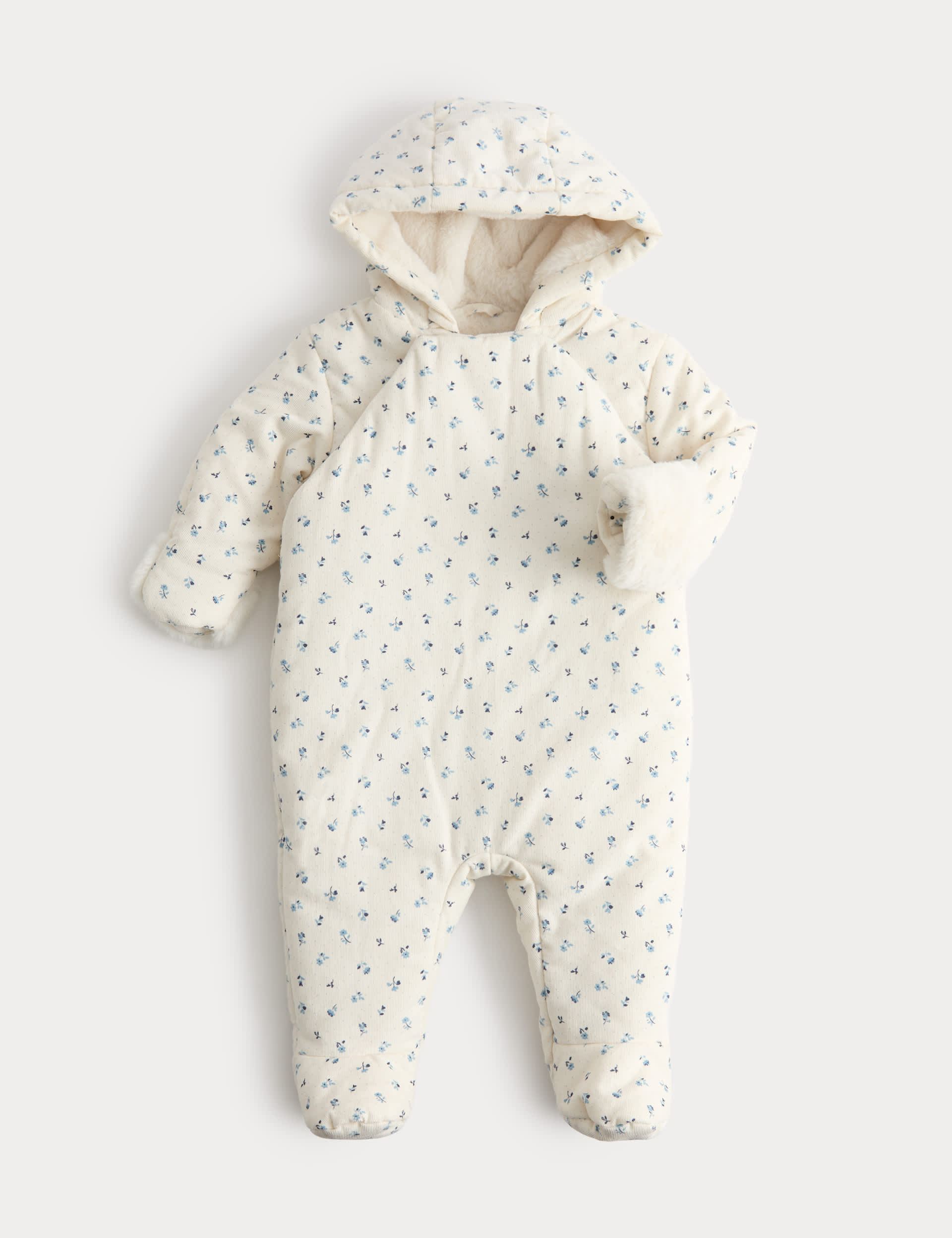 Pure Cotton Floral Cord Pramsuit (0-12 Mths) - Ivory