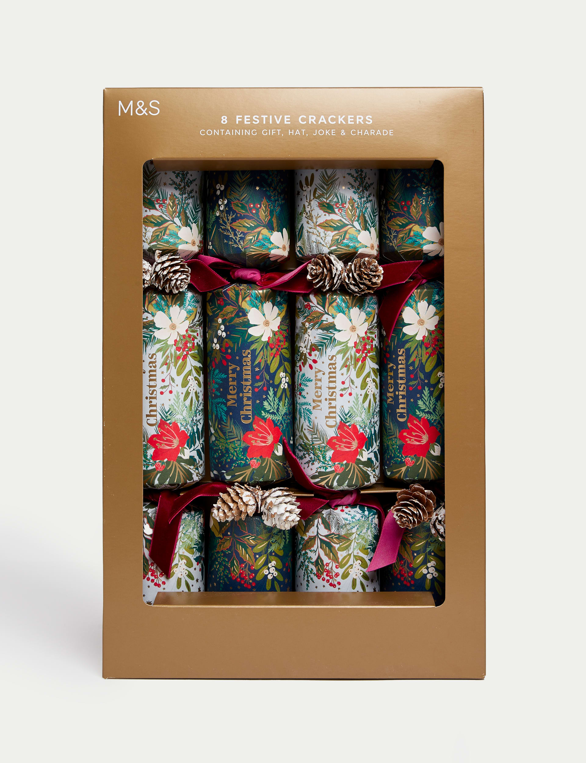 8 Luxury Christmas Crackers - Traditional Foliage Designs