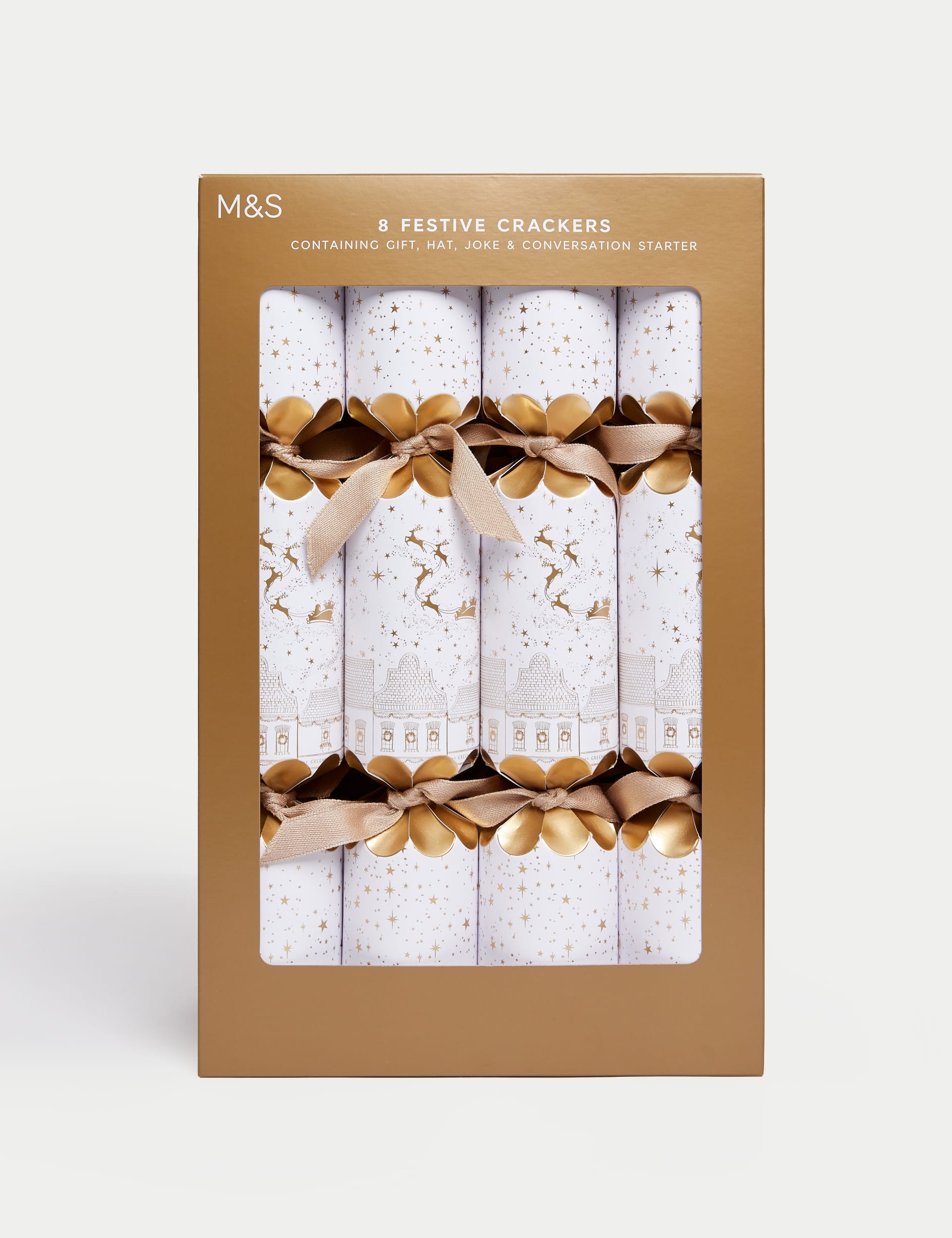 8 Luxury Christmas Crackers White & Gold Design M&S