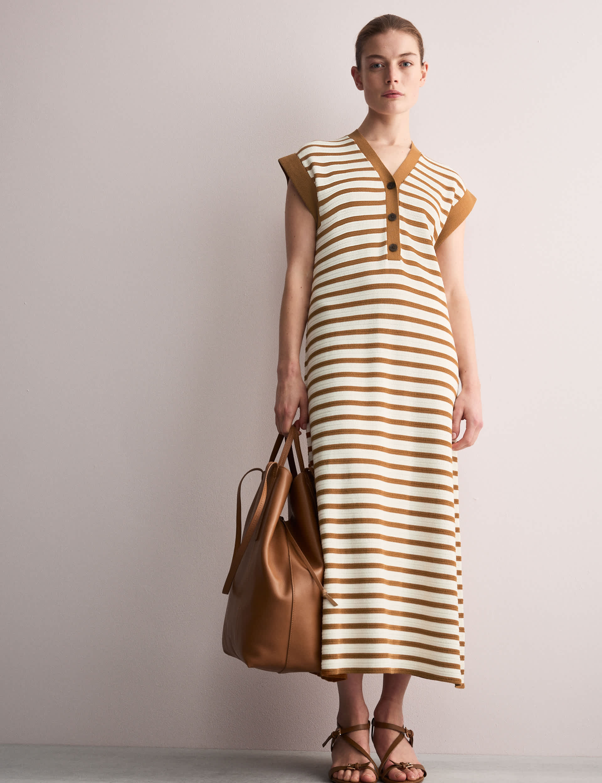 Cotton Blend Knitted Striped Midi Dress