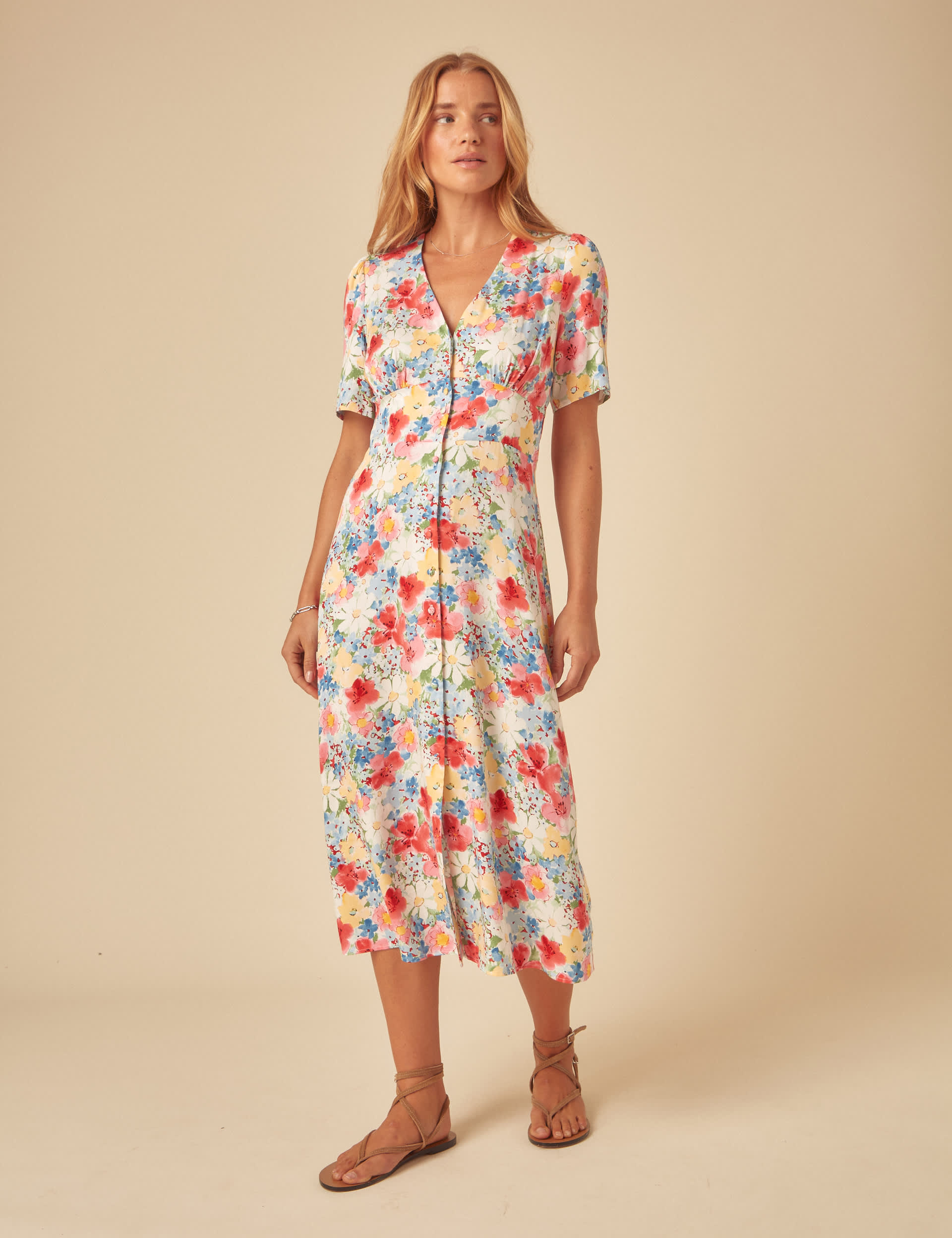Floral V-Neck Midi Waisted Dress