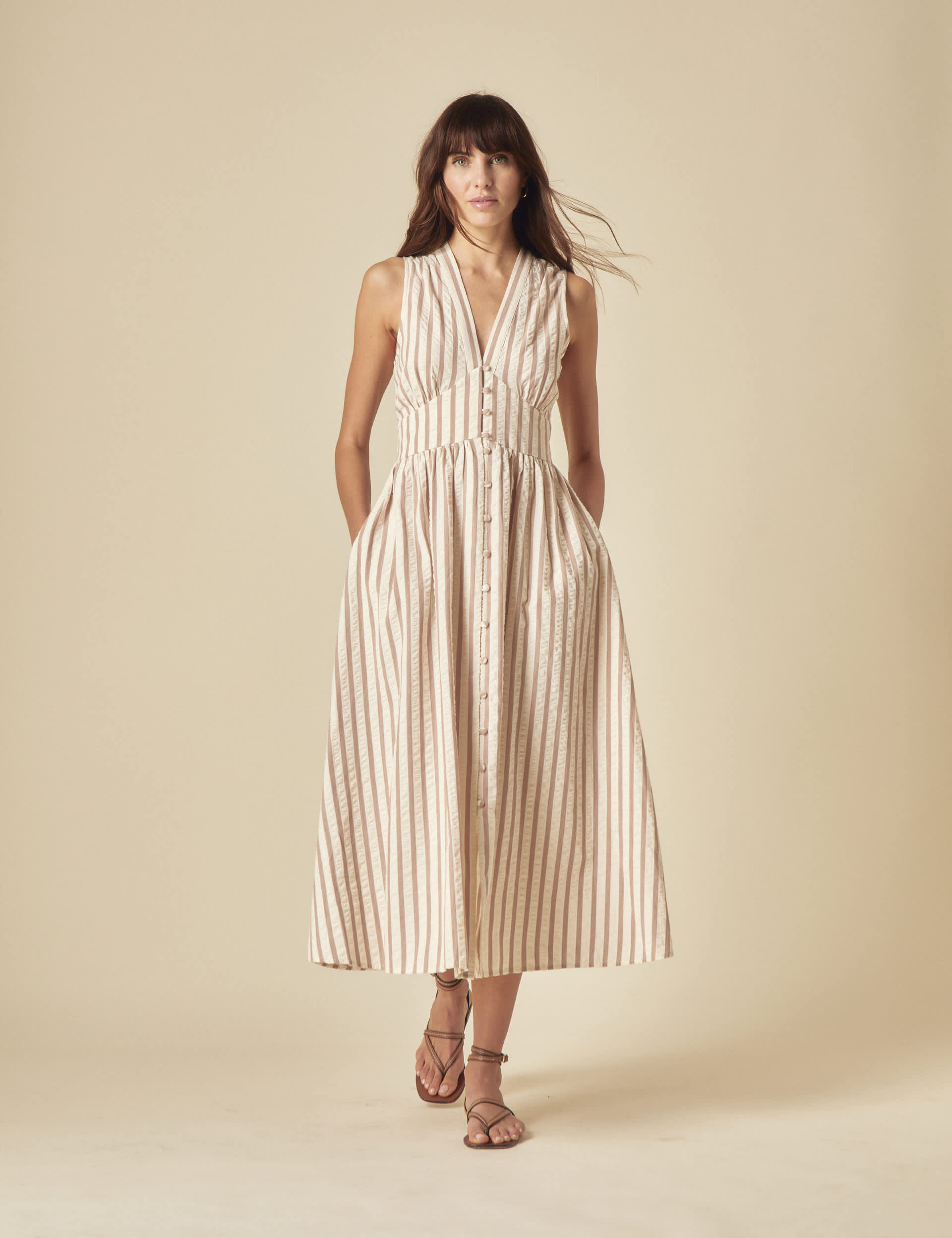 Pure Cotton Striped Midaxi Waisted Dress