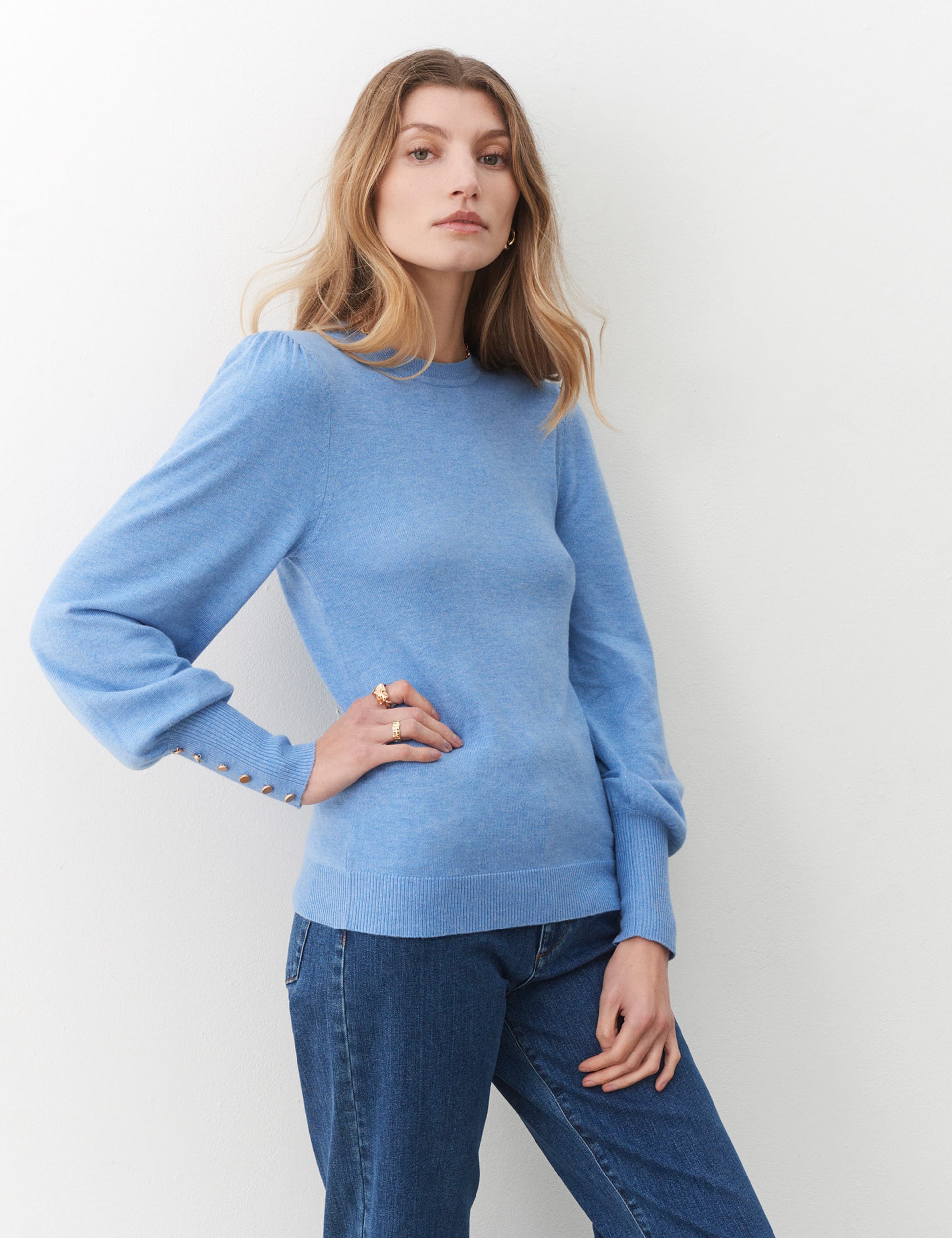 Rib Knit Solid Crew Neck Button Detail T-shirt