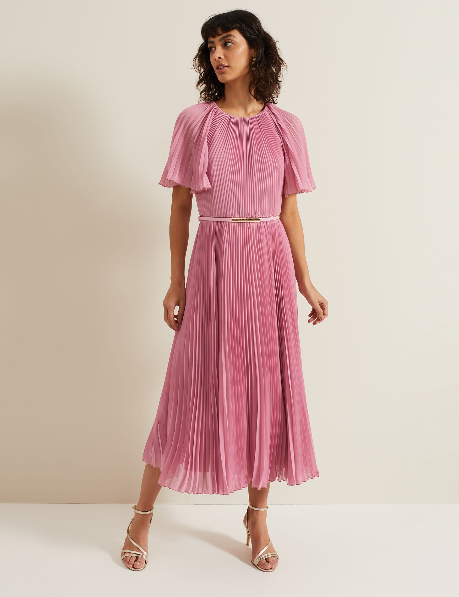 Pink pleated midi dress online