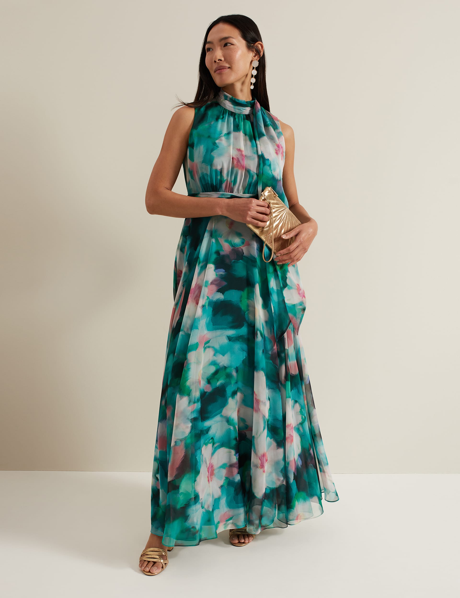 Chiffon Floral Tie Neck Maxi Skater Dress Phase Eight M S