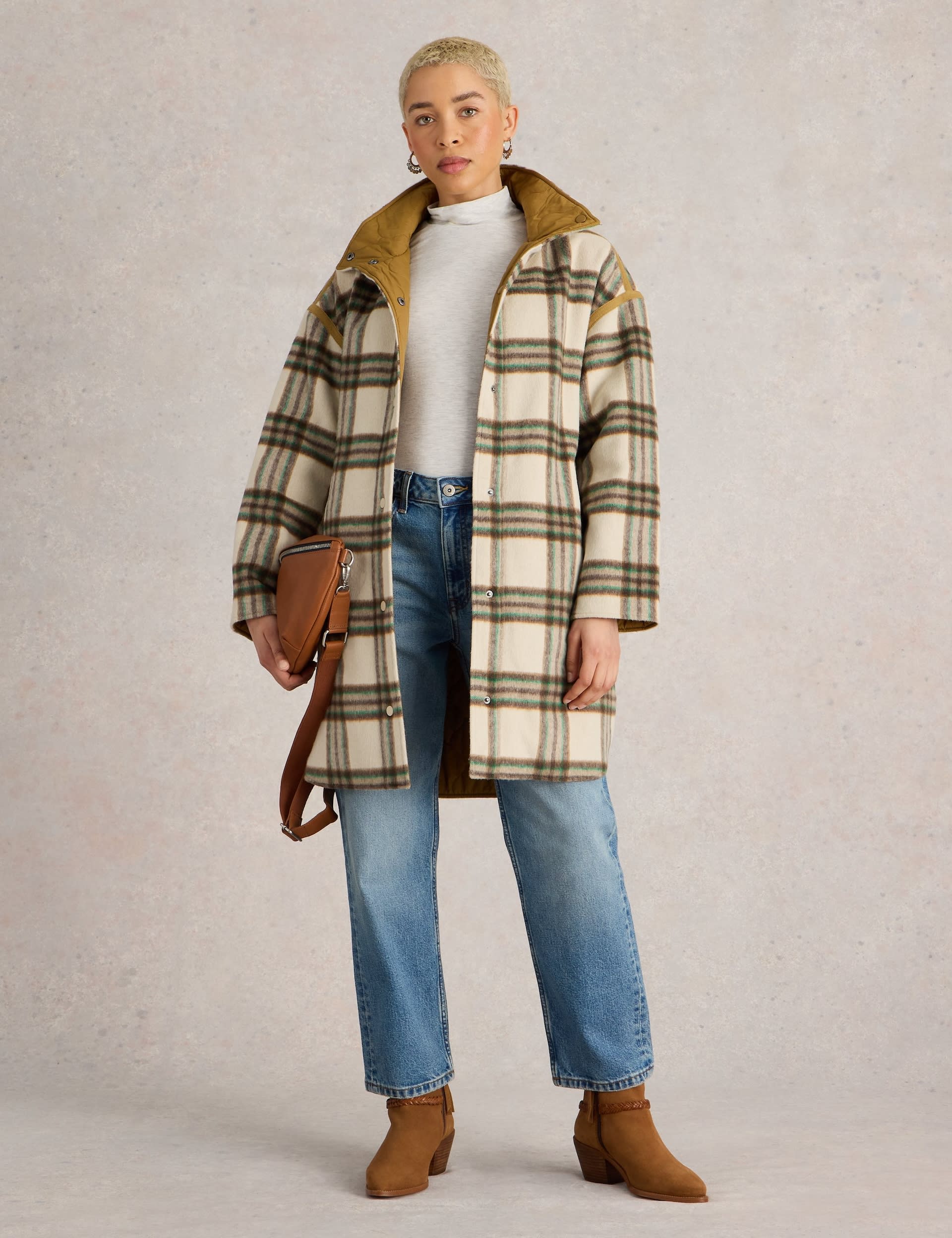 Checked Reversible Coat with Wool White Stuff M S